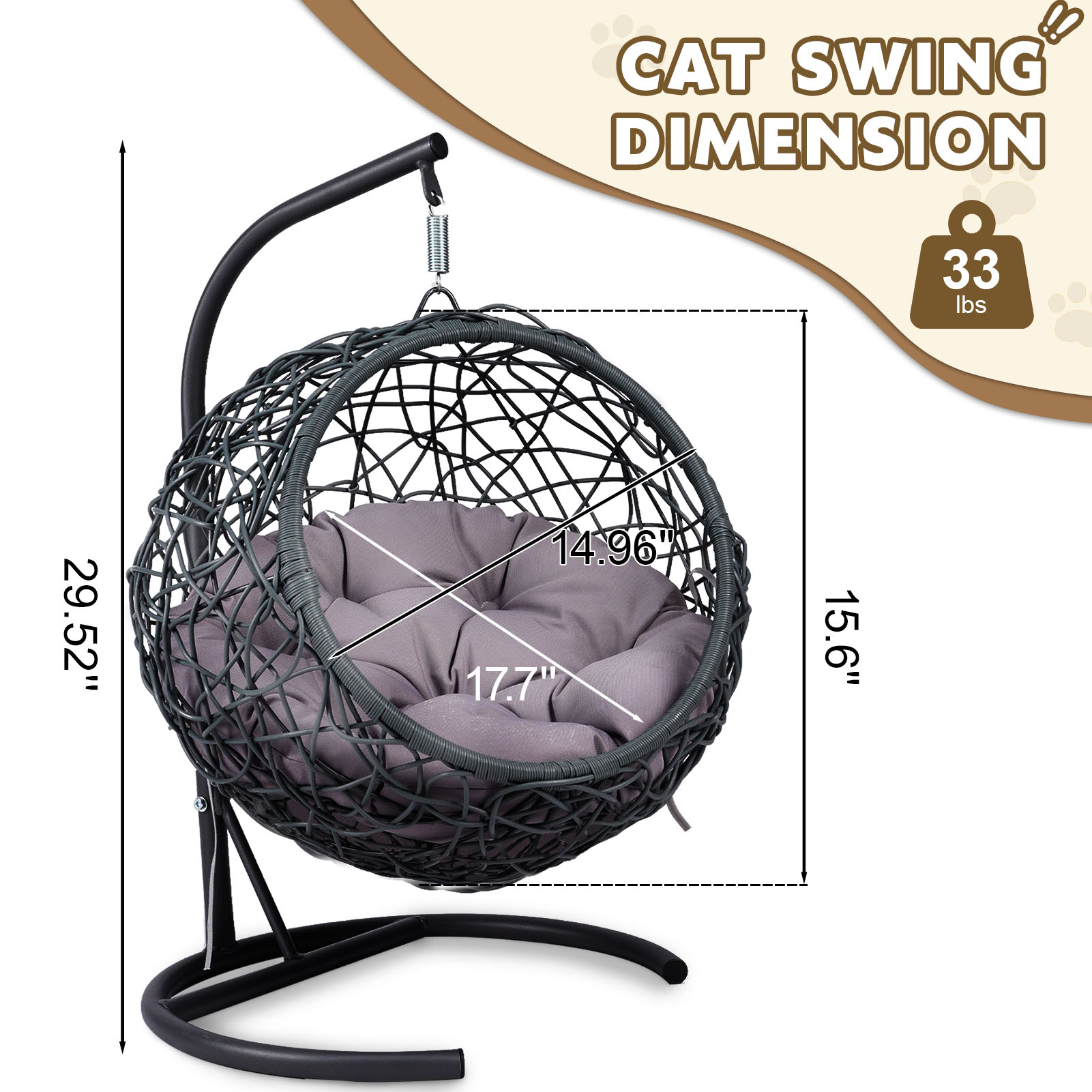 Cama de Colgar para Gatos con Soporte y Almohada, Silla de Huevo en Madera de Caña con Apariencia de Rattán, para Gatos, Pequeños Perros y Animales Pequeños. Gris. — imagen 3