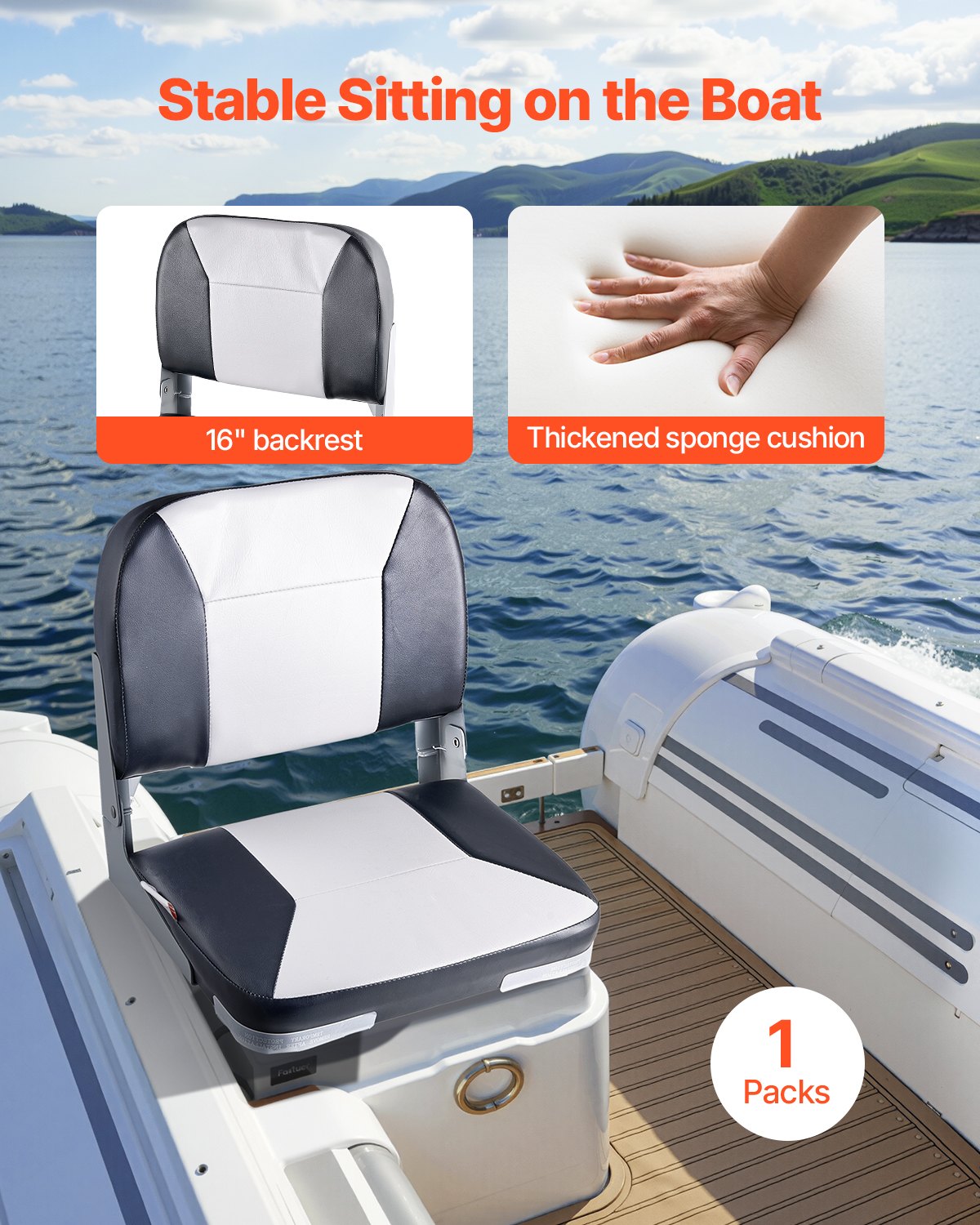 Boat Seat, Low Backrest, Folding Fishing Boat Seat With Thickened Sponge Cushion & Waterproof PVC Leather, Aluminum Alloy Hinges, Flip Up Boat Seat For Fishing Boats, Yachts, Ships, Black & Grey — imagen 3