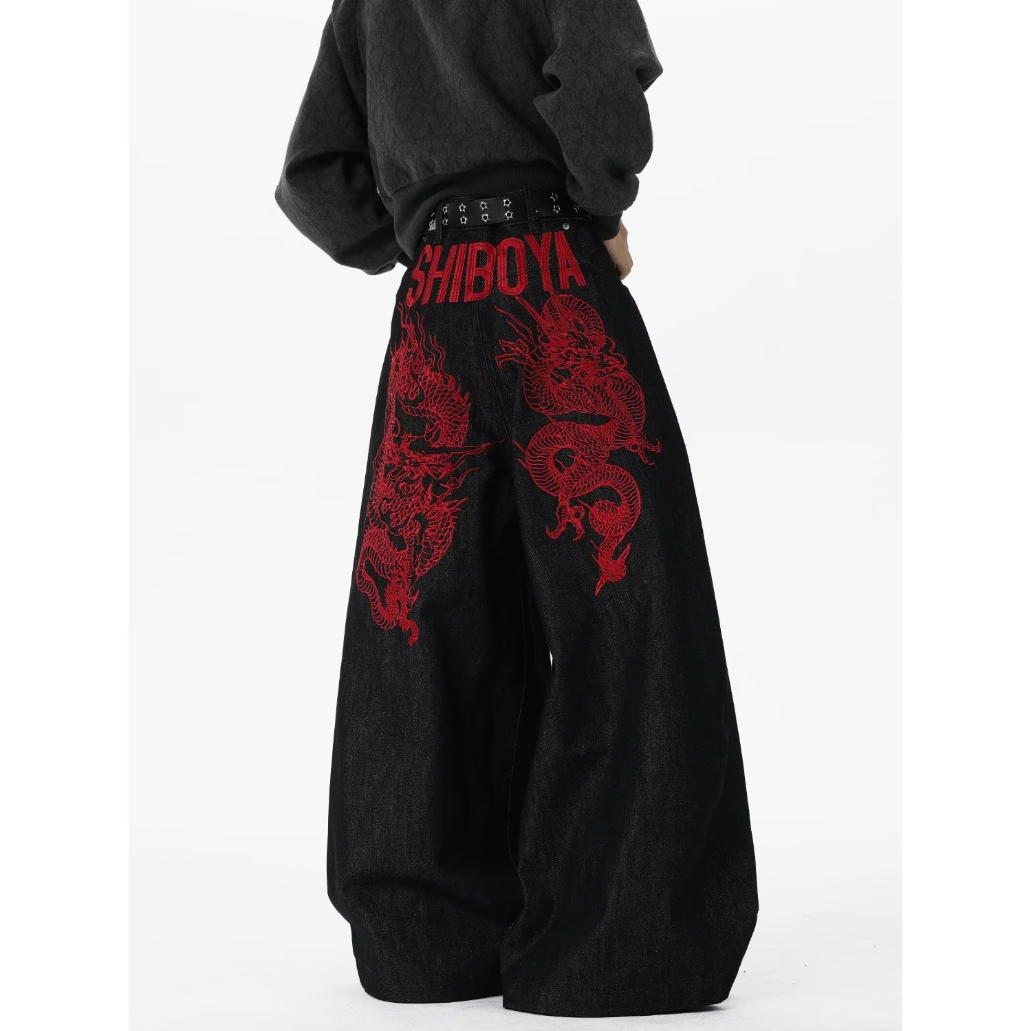 Red Dragon Embroidery Knife Jeans Men Loose Casual Cargo Wide Leg Long Pants — image 3