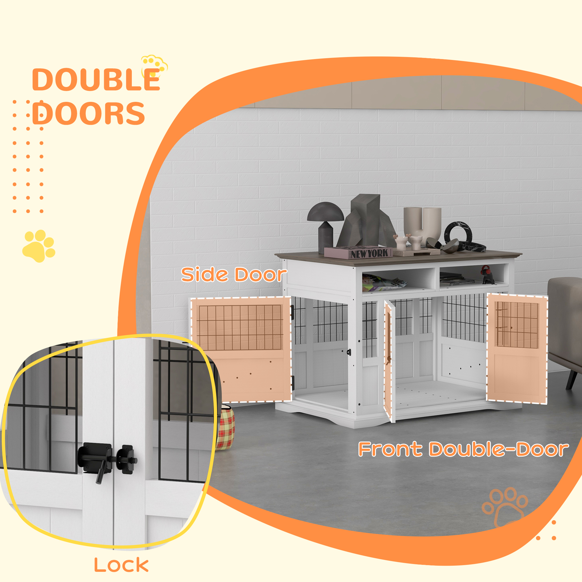 Mueble de Comida para Perros con Almacenamiento, Puertas Dobles y Acceso Lateral para Canes Pequeños y Medianos, Blanco — imagen 4