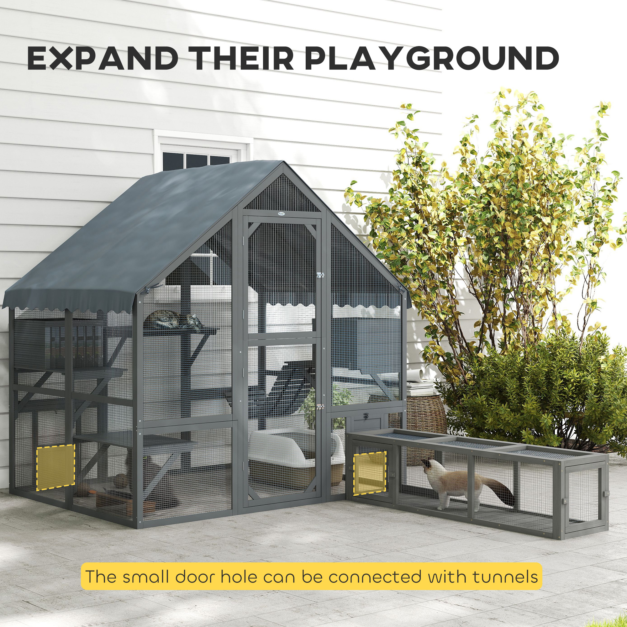 Wooden Catio Outdoor Cat Enclosure with Waterproof Cover, 2 Condos, 4 Platforms, Bridge, Doors, Gray — image 3