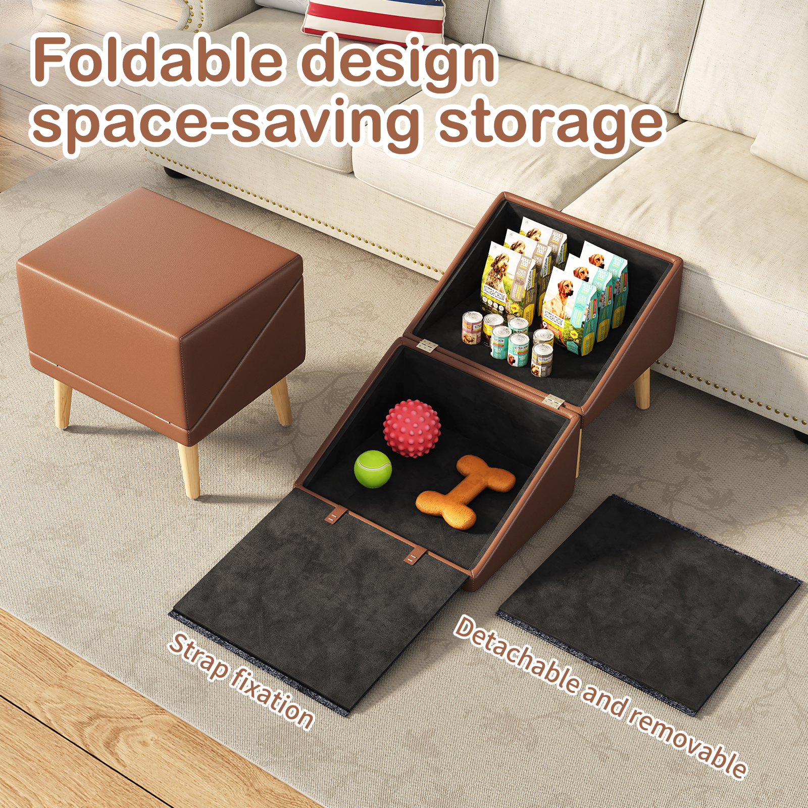 3-in-1 Dog Ramp 18.89"×17.91"×20.08" with Storage – Pet Stairs for Senior & Injured Dogs & Cats, Hidden Storage Footstool, Ottoman Anti-Slip, Supports 265 lbs for Beds & Sofas (BROWN Color) — image 4
