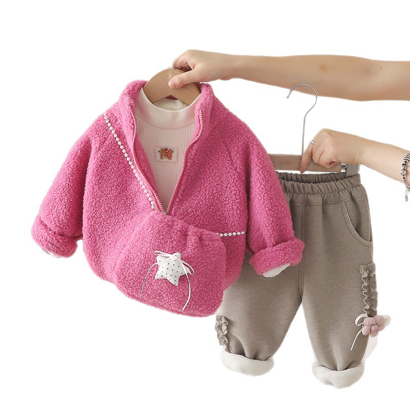 Girls Autumn Winter Fleece Lined Star Cat Print Three-Piece Set Outfits with Bag — image 6