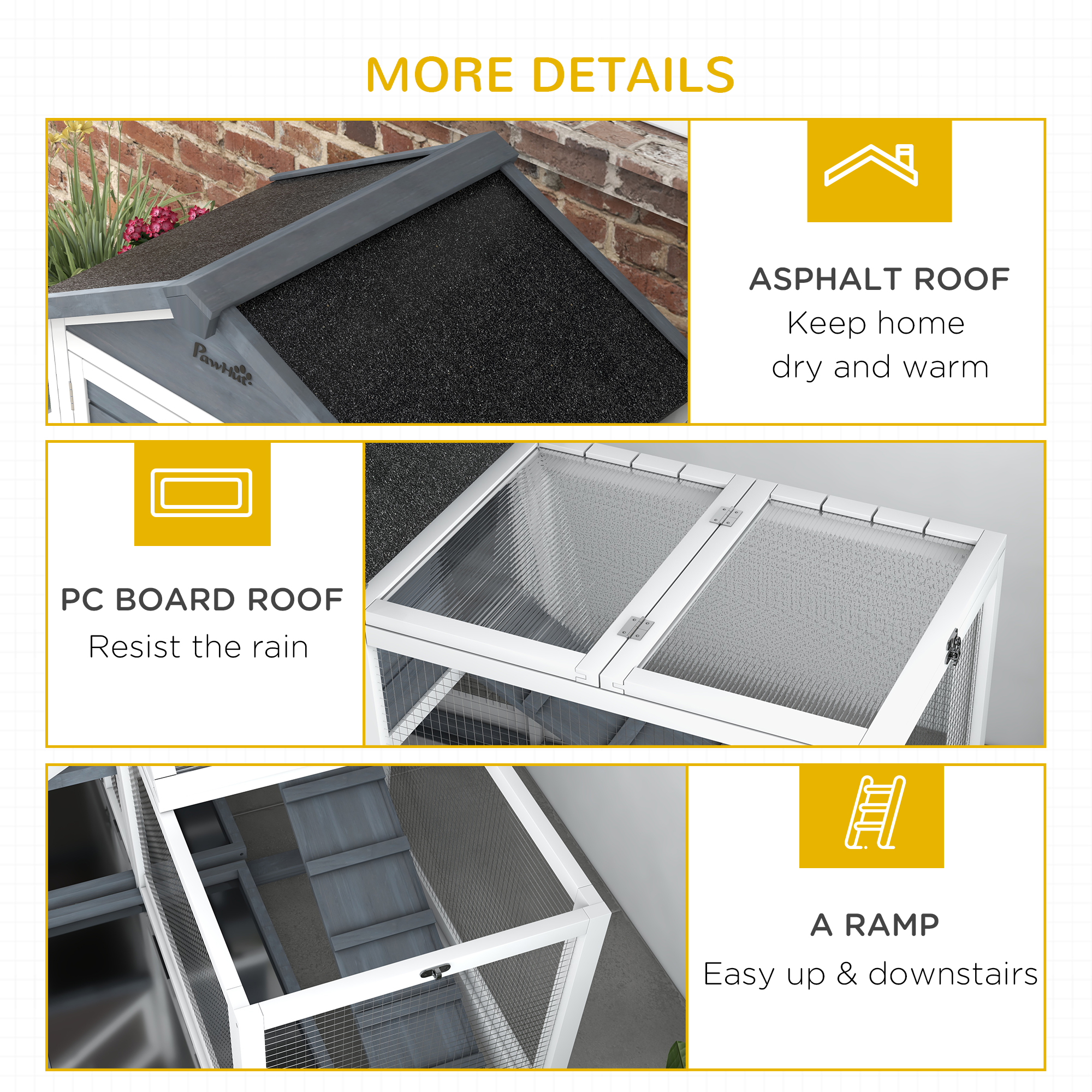 Conejera de Madera de 65", Corral para Mascotas con Techo Abatible y Caja de Almacenamiento para Conejos y Animales Pequeños, Gris — imagen 6