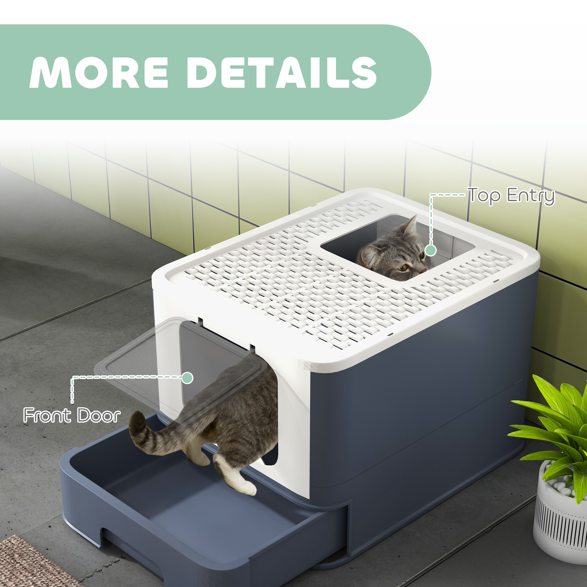 Caja de Arena para Gatos con Tapadera, Cuchara y Acceso Frente y Superior para Gatos Grandes, Blanco — imagen 8