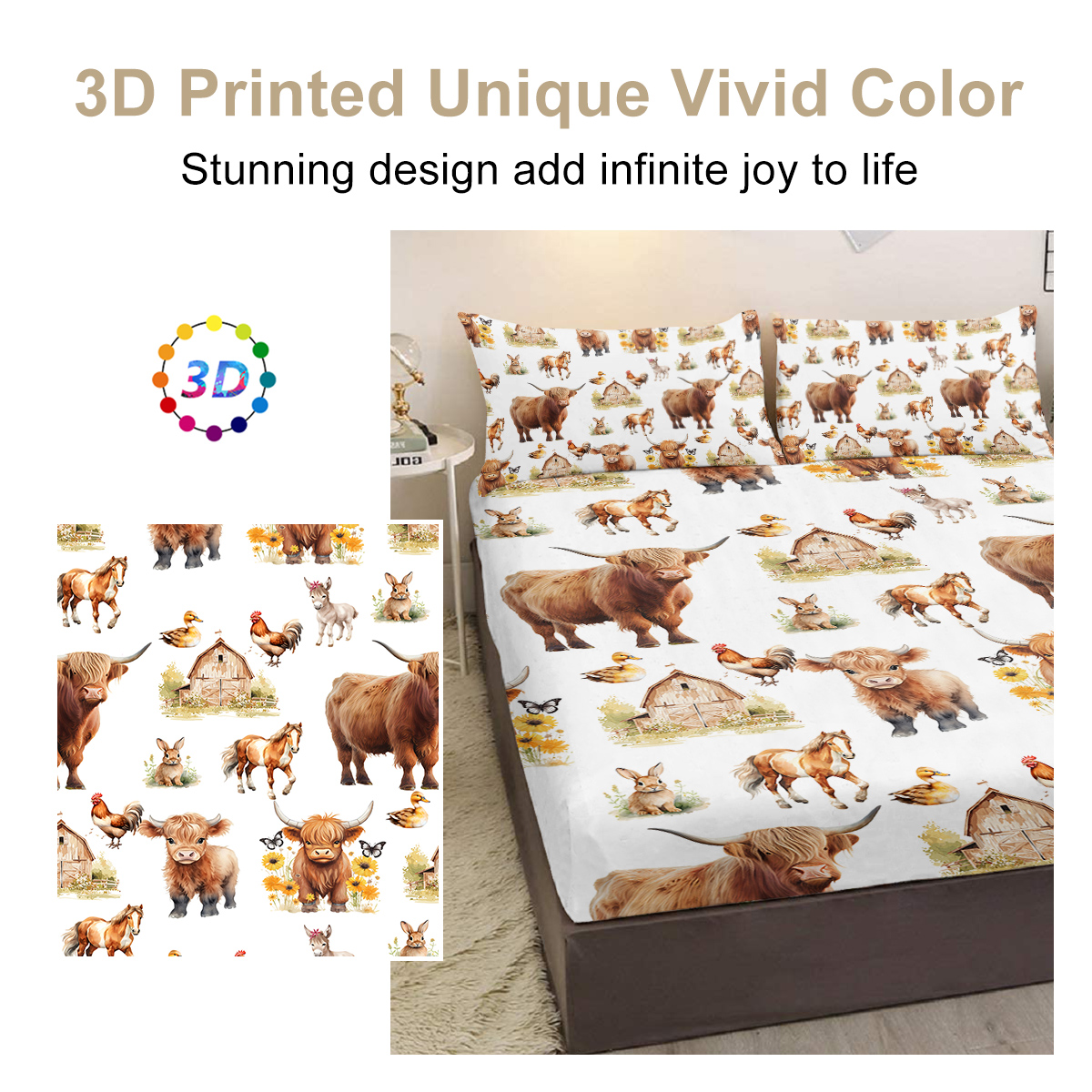3 Piezas Sábana y Dos Fundas de Almohada con Tema de Vaquita y Patito, Estilo Divertido para Niños, Serie Minimalista y Cómoda, Ropa de Cama para Todas las Estaciones — imagen 2