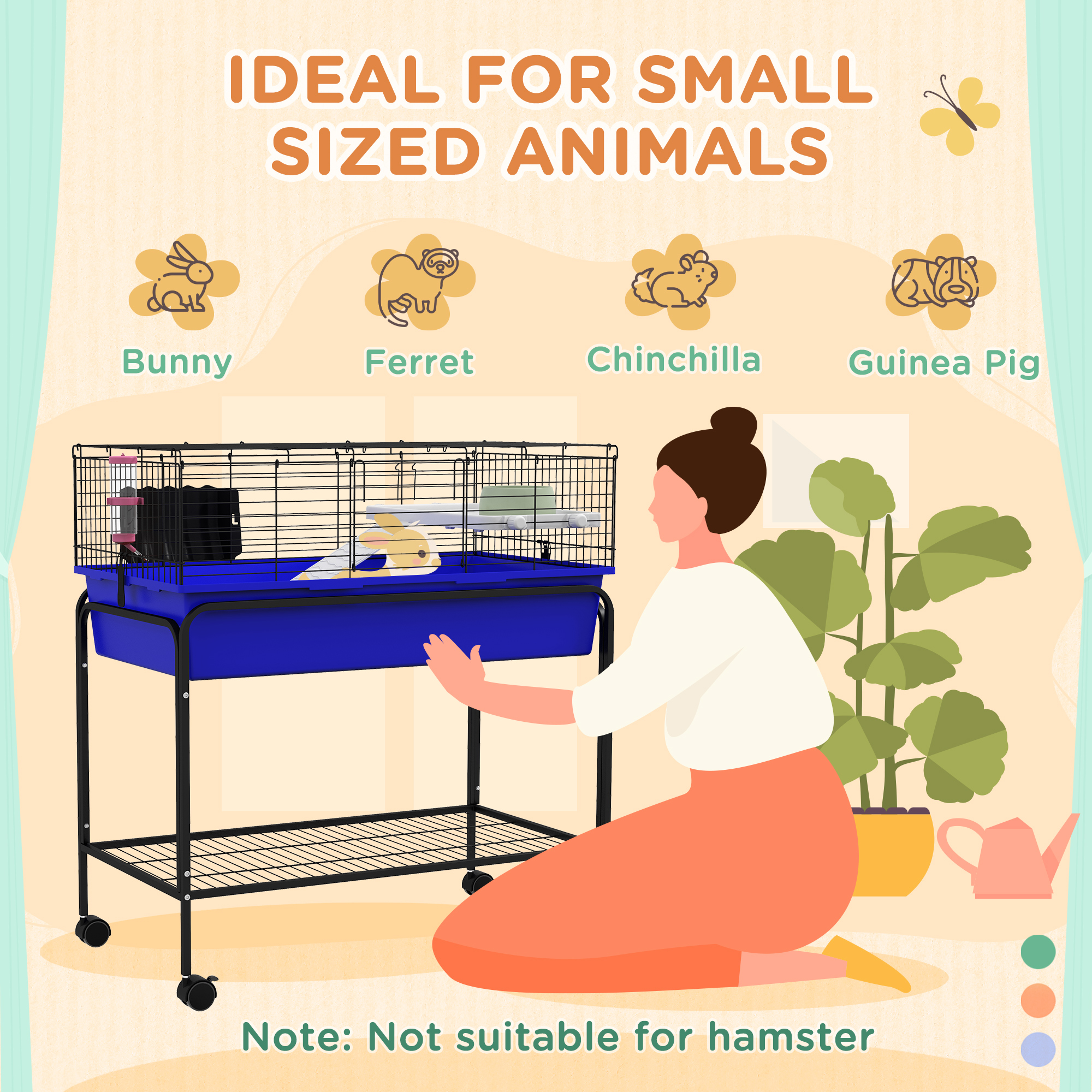 Caja de Animales Pequeños de Dos Niveles, Removible del Soporte, Hábitat para Mascotas con Estante y Ruedas, 33" x 18.5" x 35", Azul — imagen 5