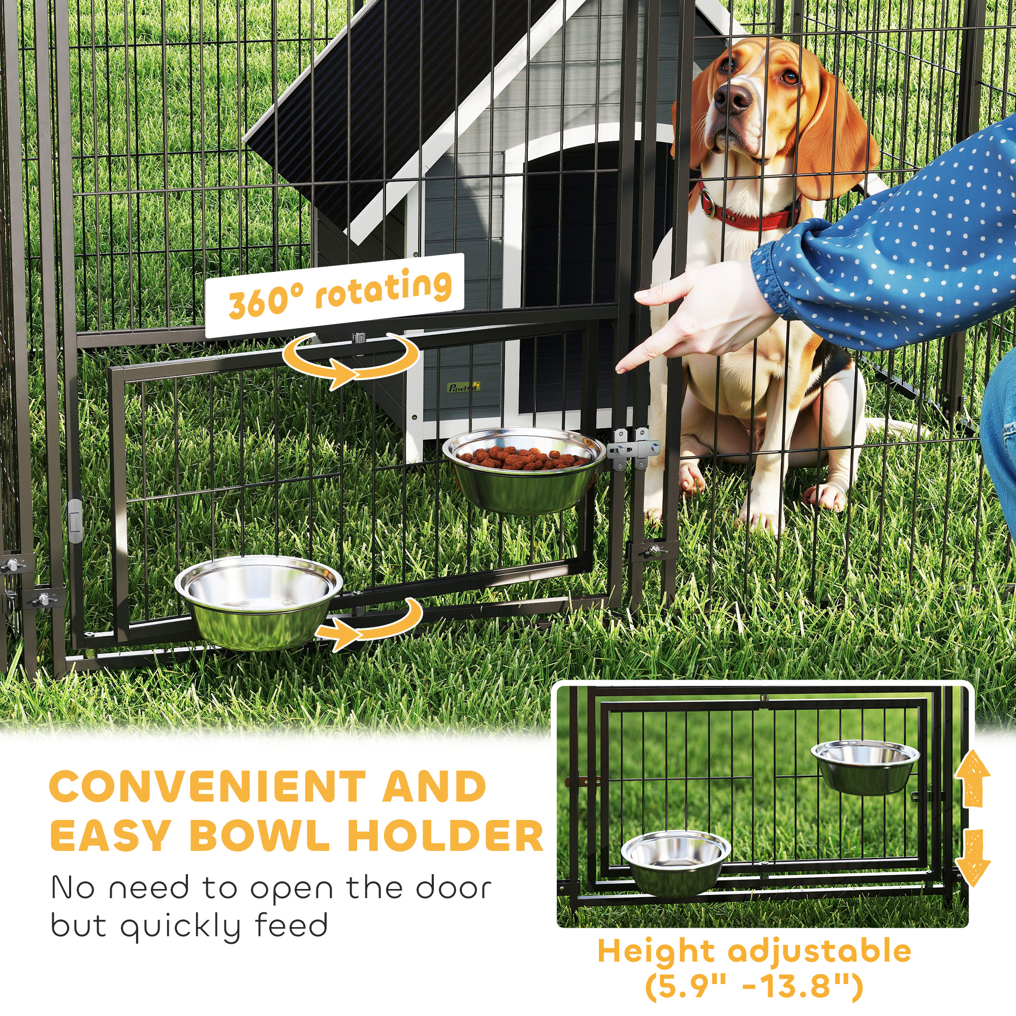 Gran Caja de Perro al Aire Libre con 2 Habitaciones, Tazas Rotativas y Altura Ajustable, 13.5 x 9.4 x 5.1 — imagen 4