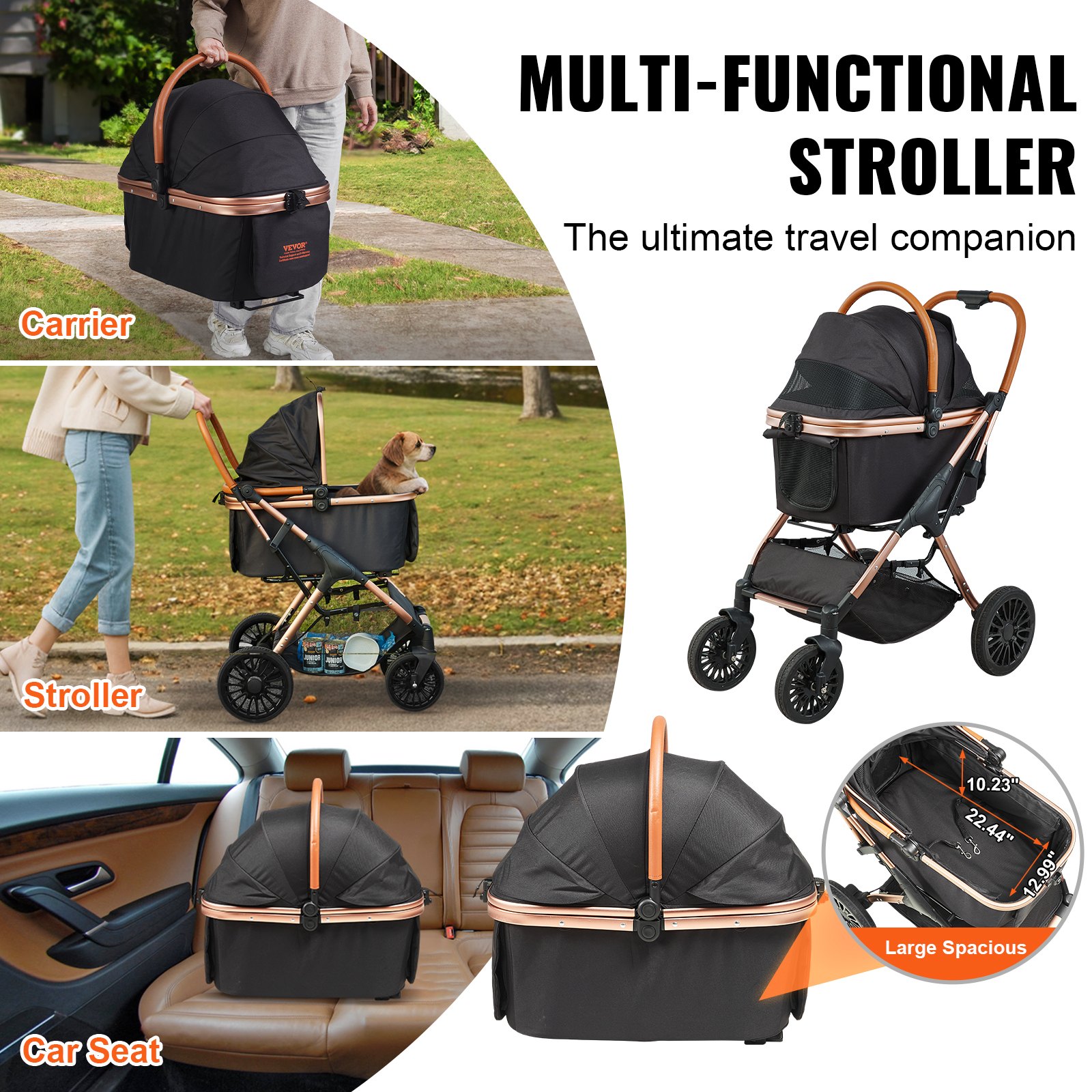 Pet Stroller, 4 Wheels Dog Stroller Rotate With Brakes, 66 Lbs Weight Capacity, Puppy Stroller With Detachable Carrier, Storage Basket And Pet Pad, For Small To Medium Sized Dogs, Black — image 3