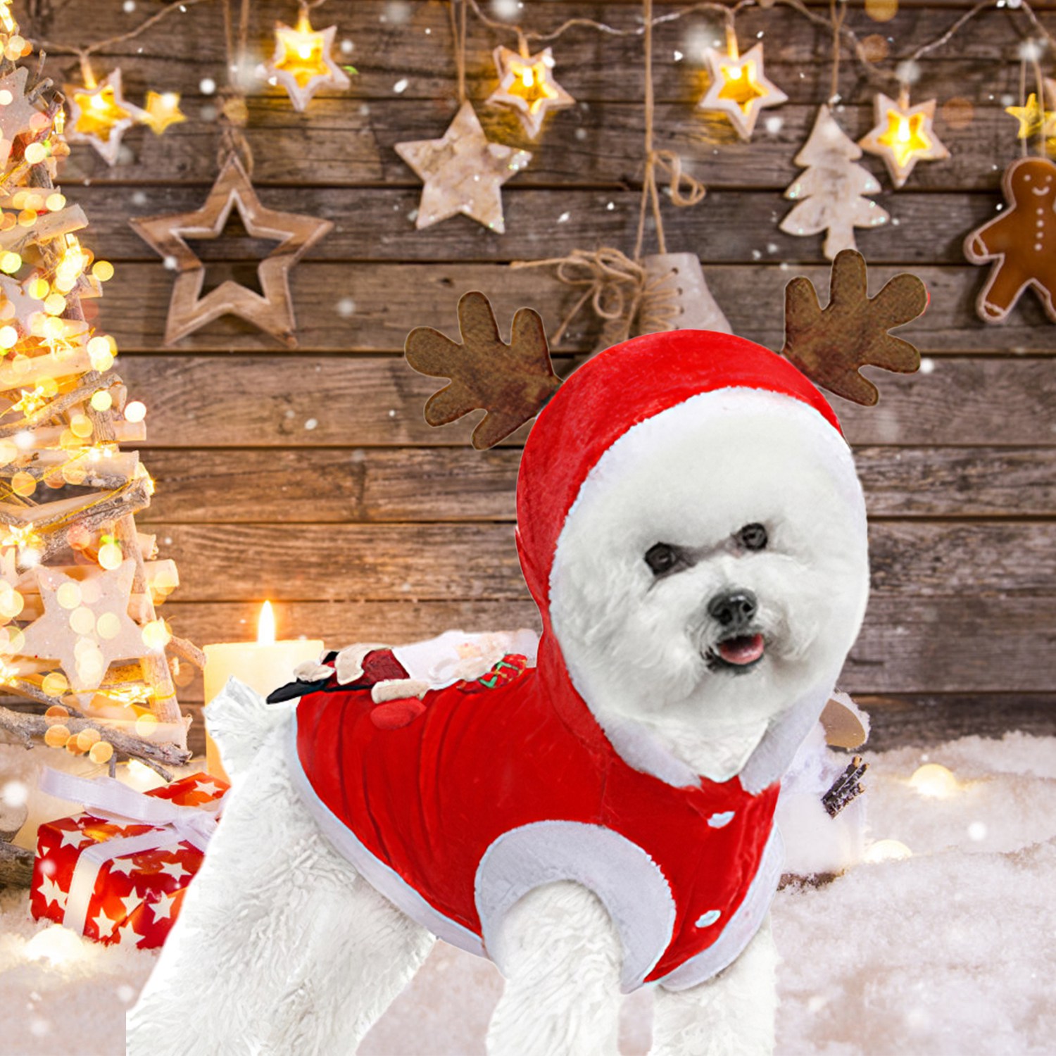 Ropa Navideña para Mascotas Disfraz de Papá Noel con Astas de Reno Traje de Invierno Abrigo de Año Nuevo para Perros y Gatos Pequeños y Medianos — imagen 3