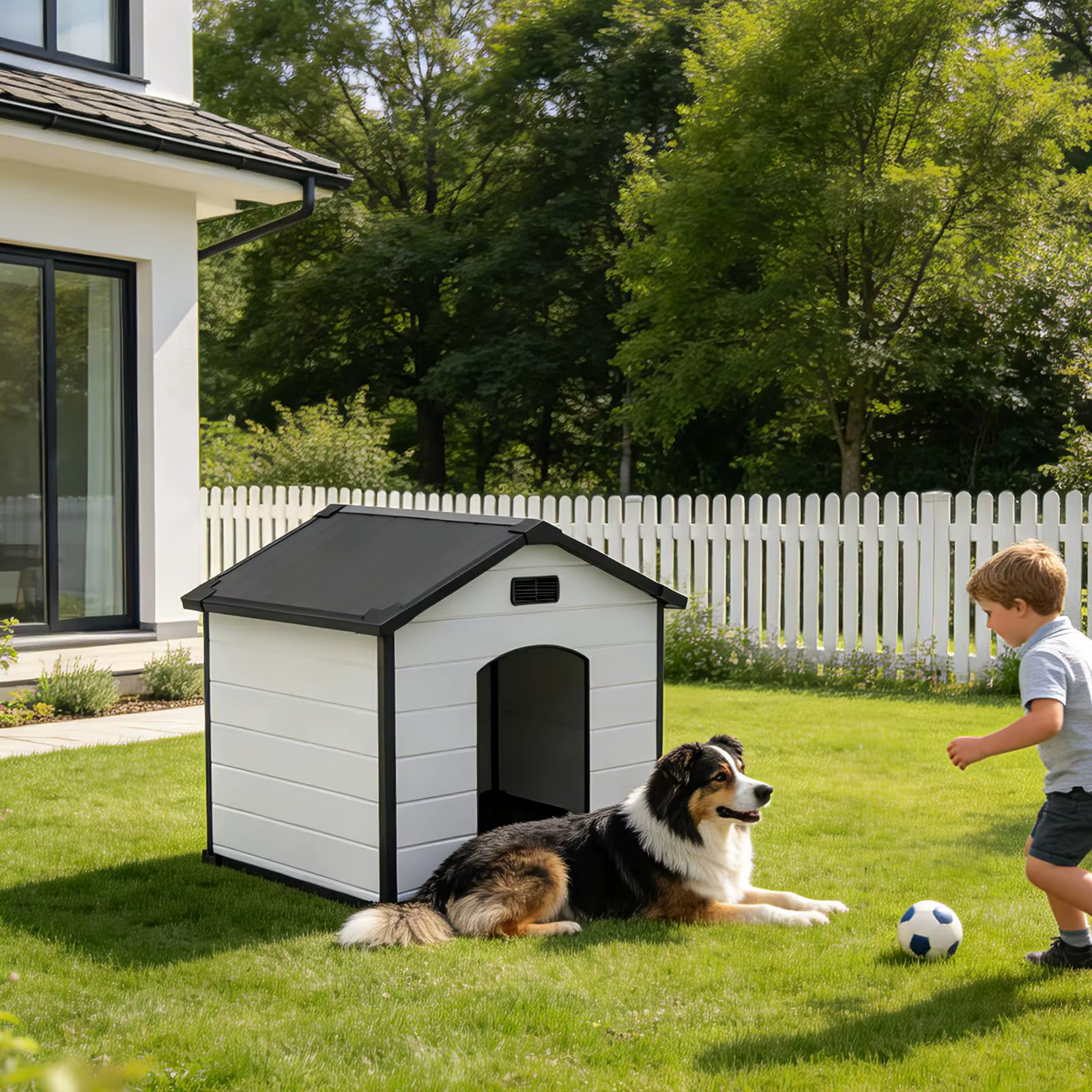 Outdoor Dog House, Waterproof Insulated Dog Kennel with Elevated Floor and Removable Roof, Durable Plastic Pet Shelter for Backyard, for Large Dogs, 46" L x 40" W x 40" H, Cement Gray — image 4