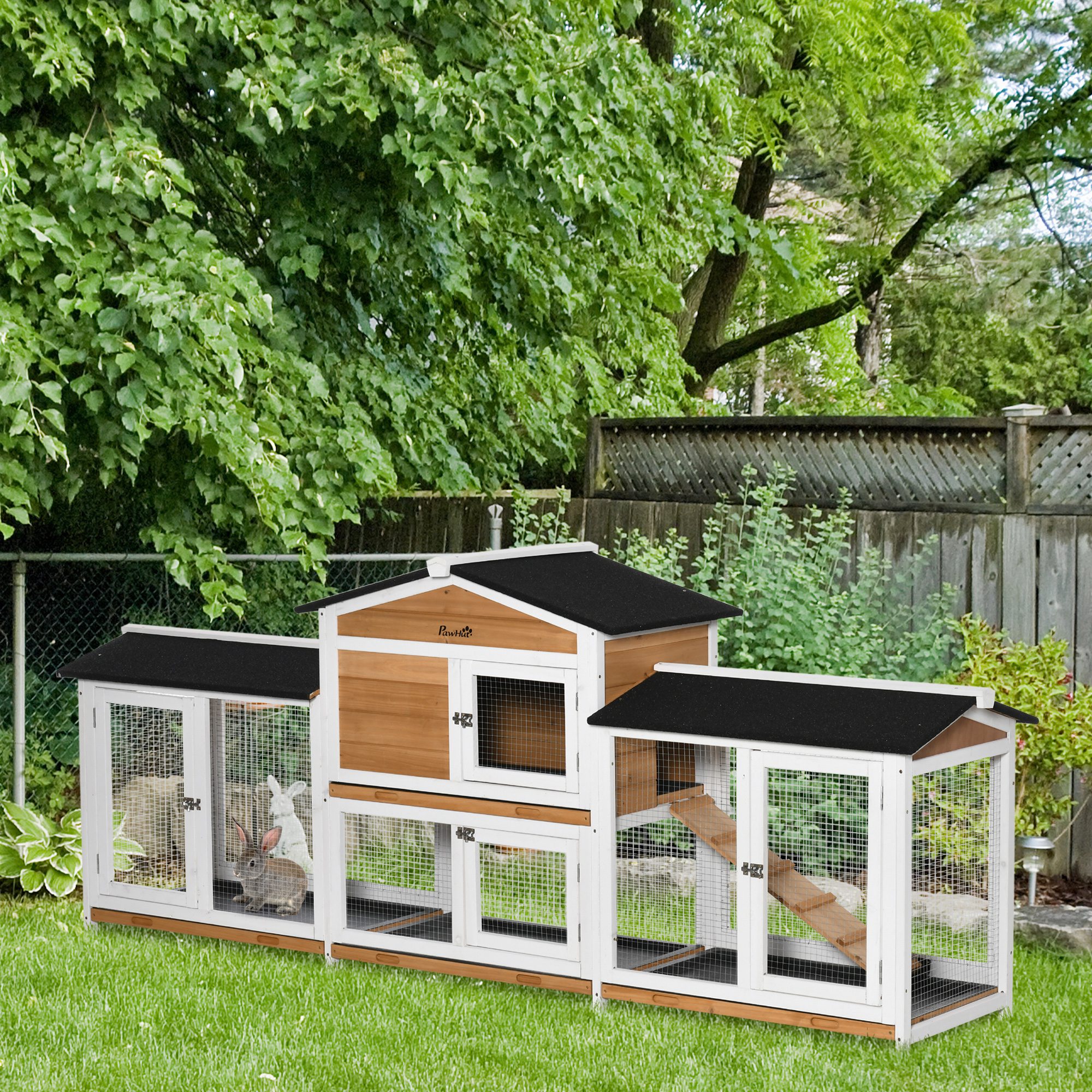 Conejera de Madera de 90.5", Jaula para Conejos, Corral y Casa para Mascotas con Cajas de Corral Laterales Dobles, Bandeja Antifugas, Rampa, para Conejos, Gallinas, Patos, Cobayas y Pequeños Animales, Blanco — imagen 2