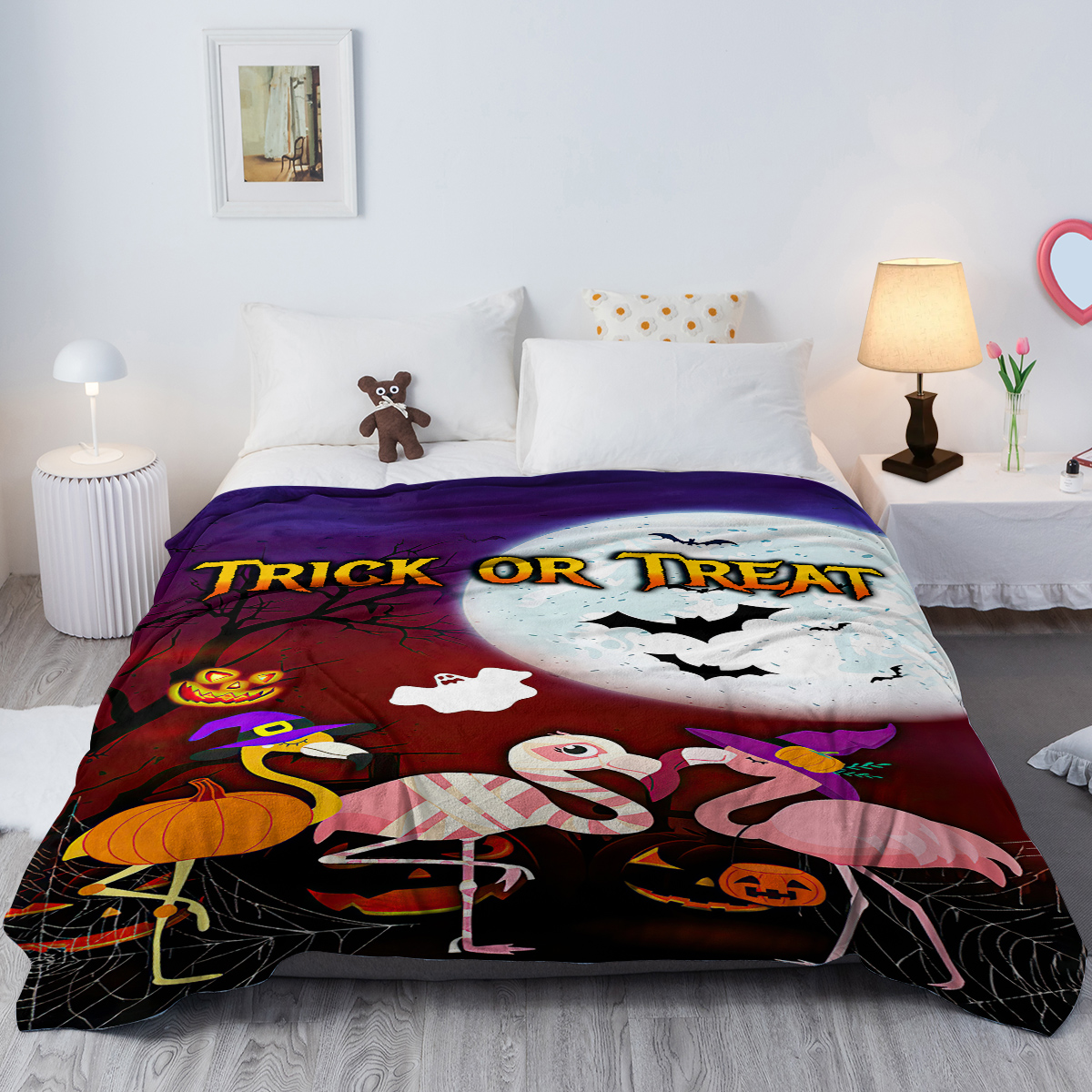 Manta de Felpa Halloween con Flamingos Rosas, Cozina y Caliente para Hogar, Cama, Sofá, Camping y Uso Múltiple para Todas las Estaciones — imagen 3