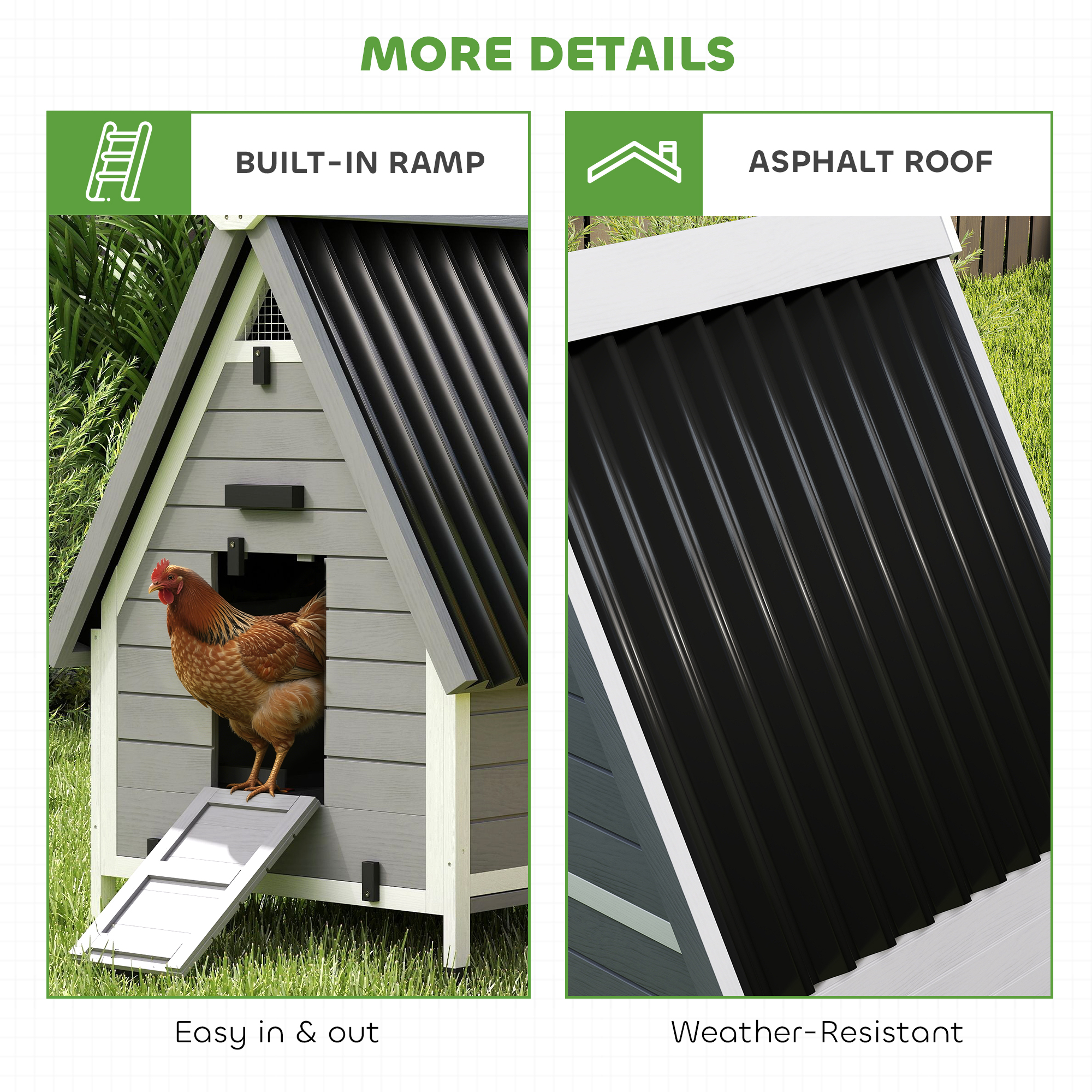 Casa para Gallinas de 2 Ejemplares, Hogar Exterior de Madera con Caja de Anidación Removible y Barra de Percha, bandeja y rampa — imagen 8