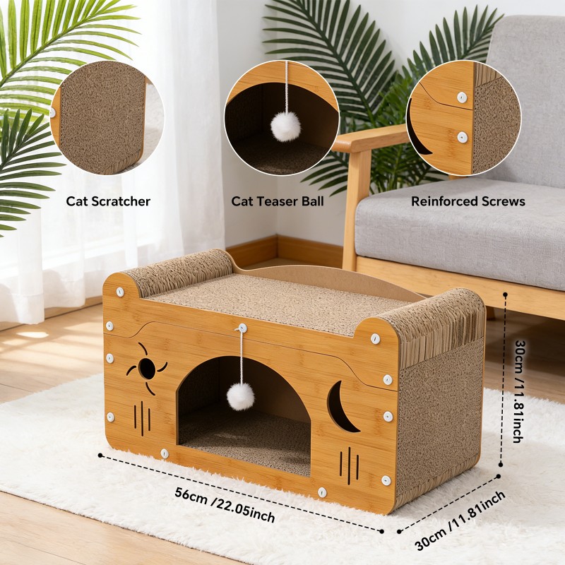 Star & Moon Cutout Cat Scratcher Couch, 56cm Size, With Teaser Ball, For Large & Multi-Cat Households — image 5