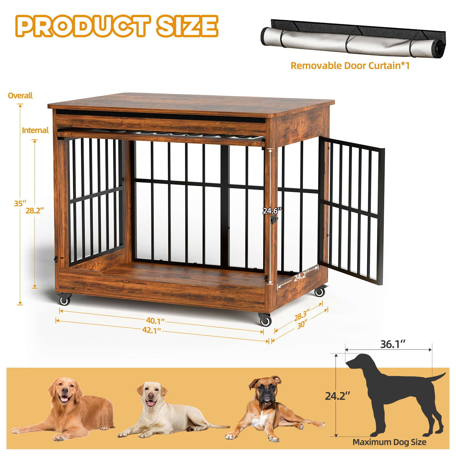 Large Dog Crate Furniture, Double Door Wooden Indoor Dog Kennel Furniture, Decorative Pet Cage End Table With Wheels For Large Breed Dogs, Size XL, Greige — image 9