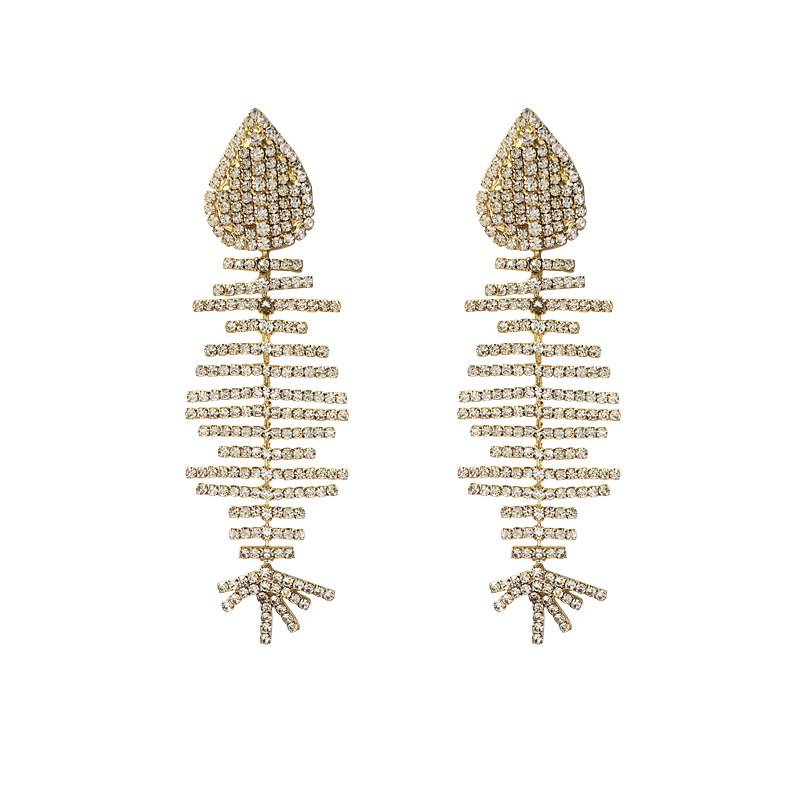 Fish bone earrings, women's long bouncy earrings, exaggerated European and American full diamond internet celebrity temperament — image 1