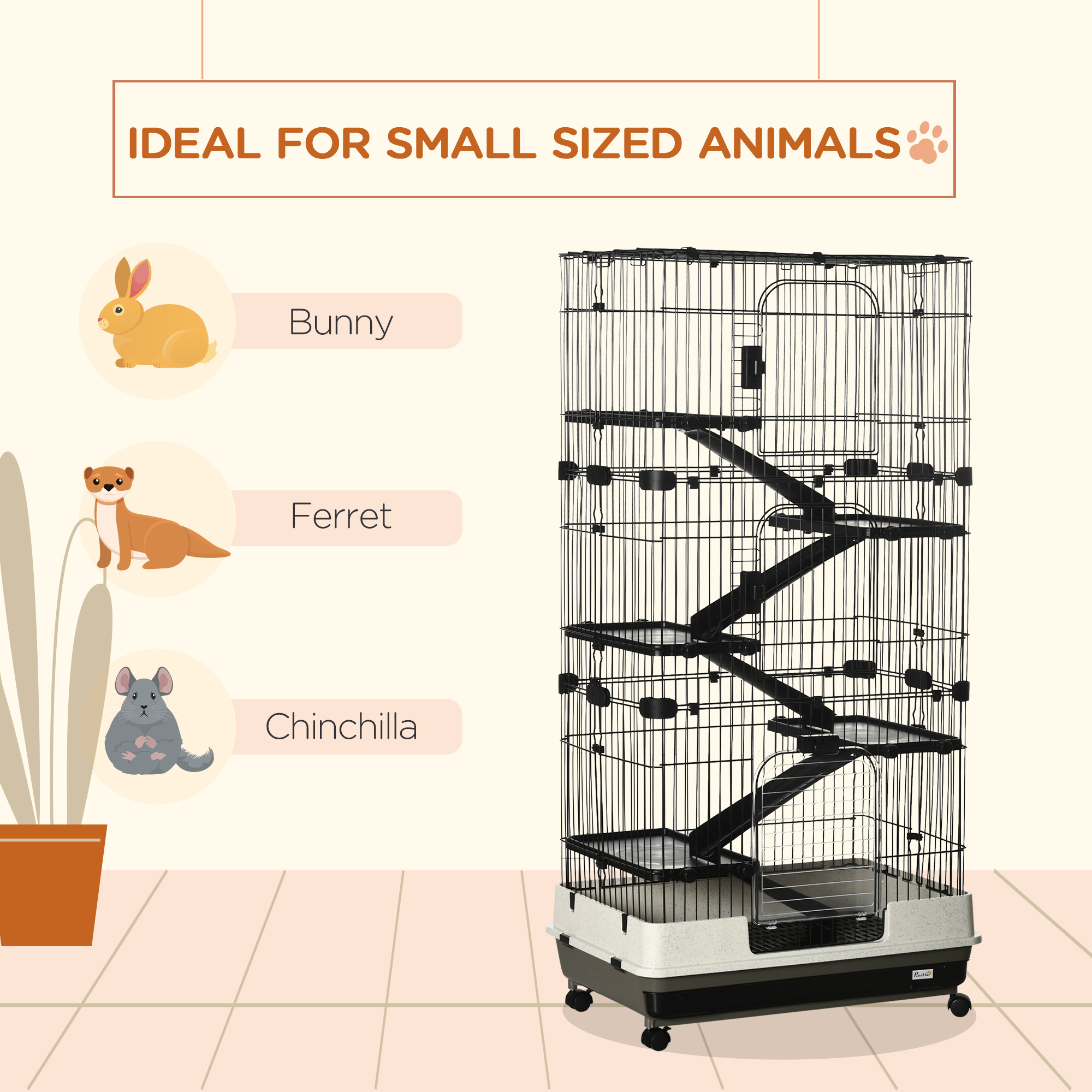 L 6-Level Small Animal Cage Rabbit Hutch with Universal Lockable Wheels, Slide-out Tray for Bunny, Chinchillas, Ferret, Black — imagen 3