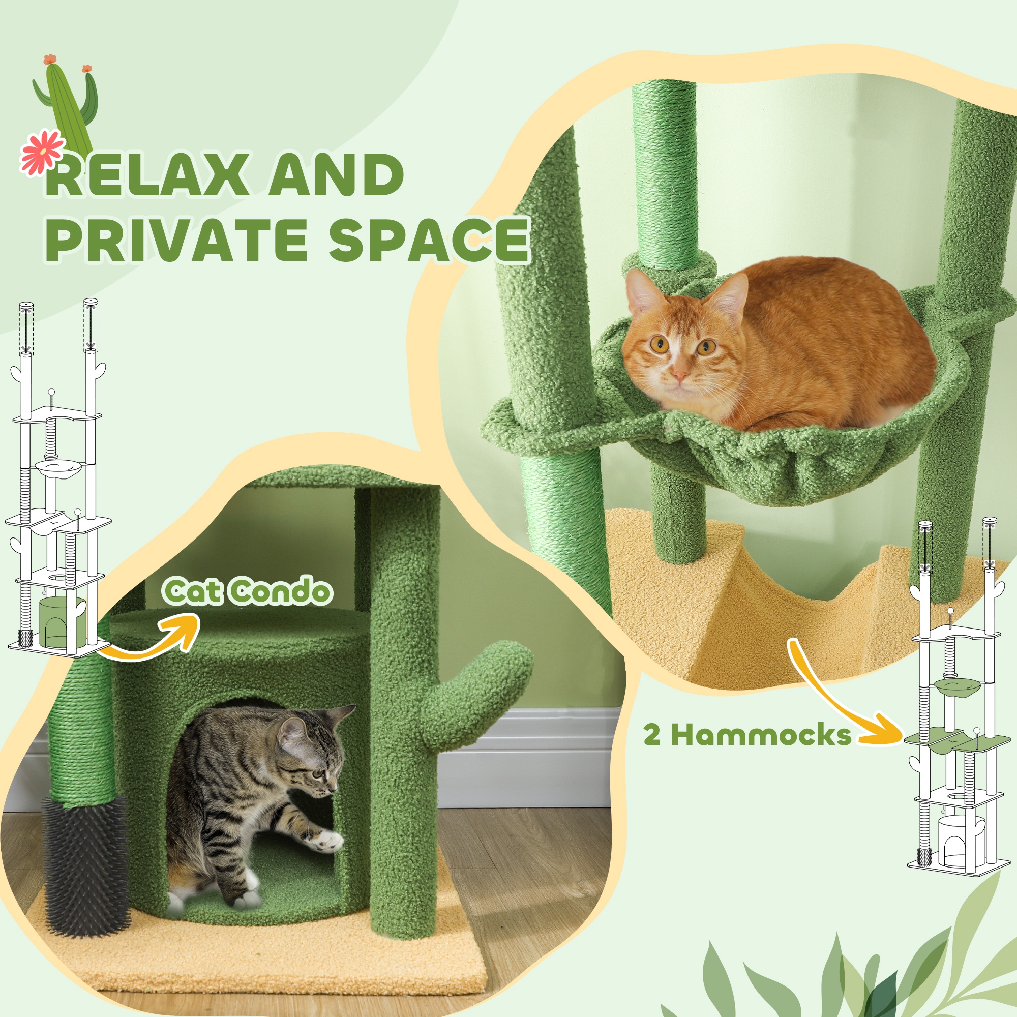Rascador para Gatos del Piso al Techo 89"-100", Torre para Gatos con Poste con Cepillo de Aseo, Casita y Hamaca, Verde — imagen 4