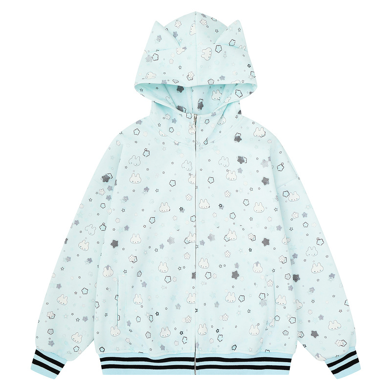 Light blue full print bunny cat ear hooded sweatshirt striped jacket — image 2