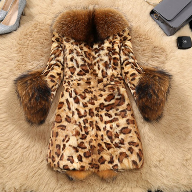 Mid-length Leopard Print Raccoon Fur Collar Coat — image 4