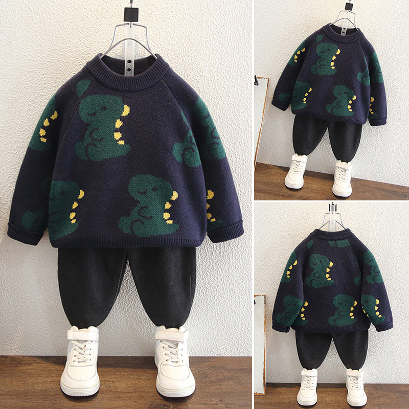 Kids Cartoon Dinosaur Print Crew Neck Pullover Knit Sweater — image 3