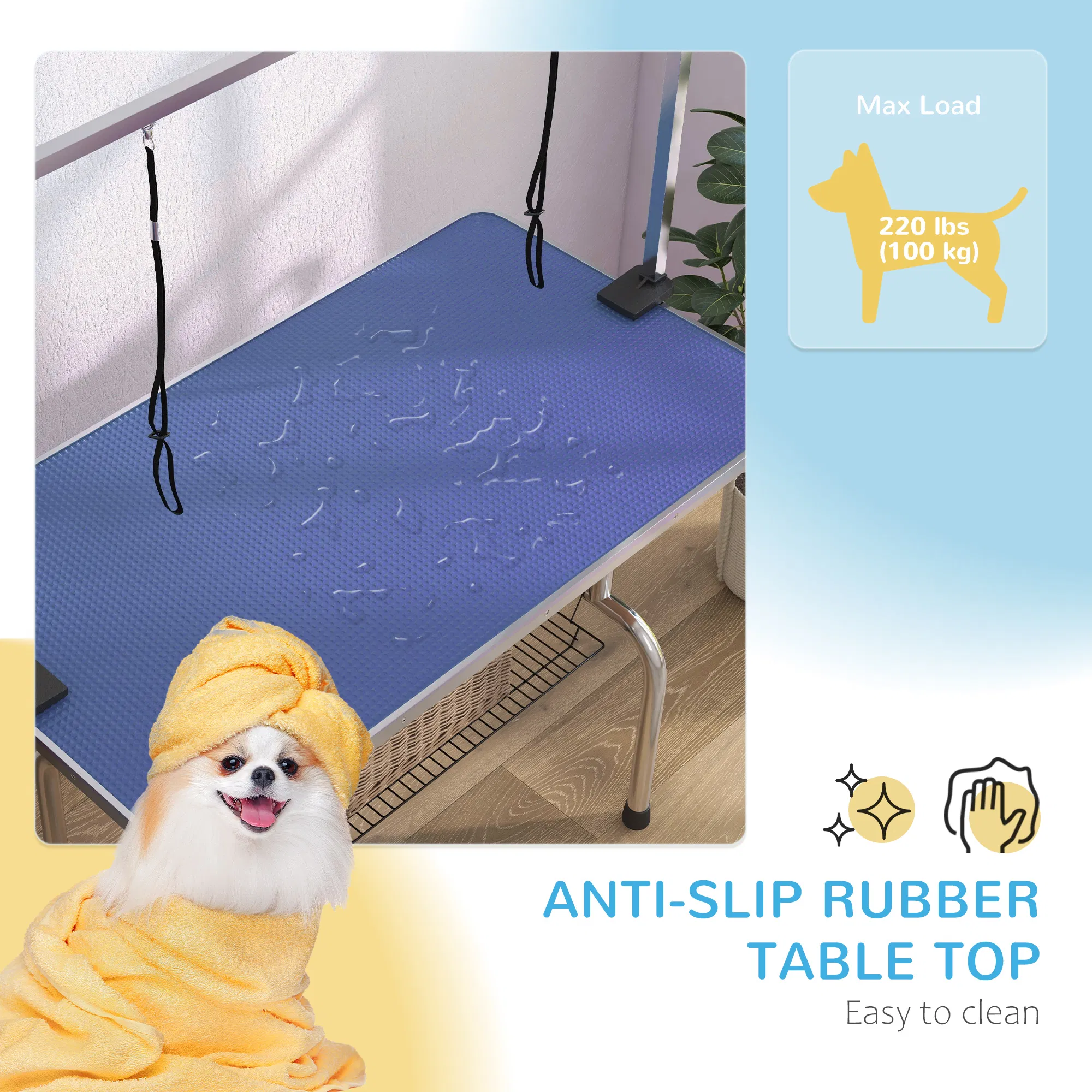 Adjustable Dog Grooming Table with 2 Safety Slings, Storage Basket, Blue — image 3