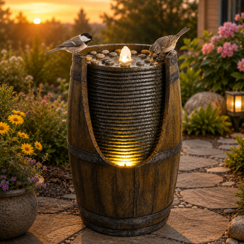 Fuente de Agua para Jardín con Bebedero para Pájaros, Barril Rustico con Luces LED y Bomba, Característica de Madera Falsa en Resina para Patio, Jardín o Porche — imagen 4