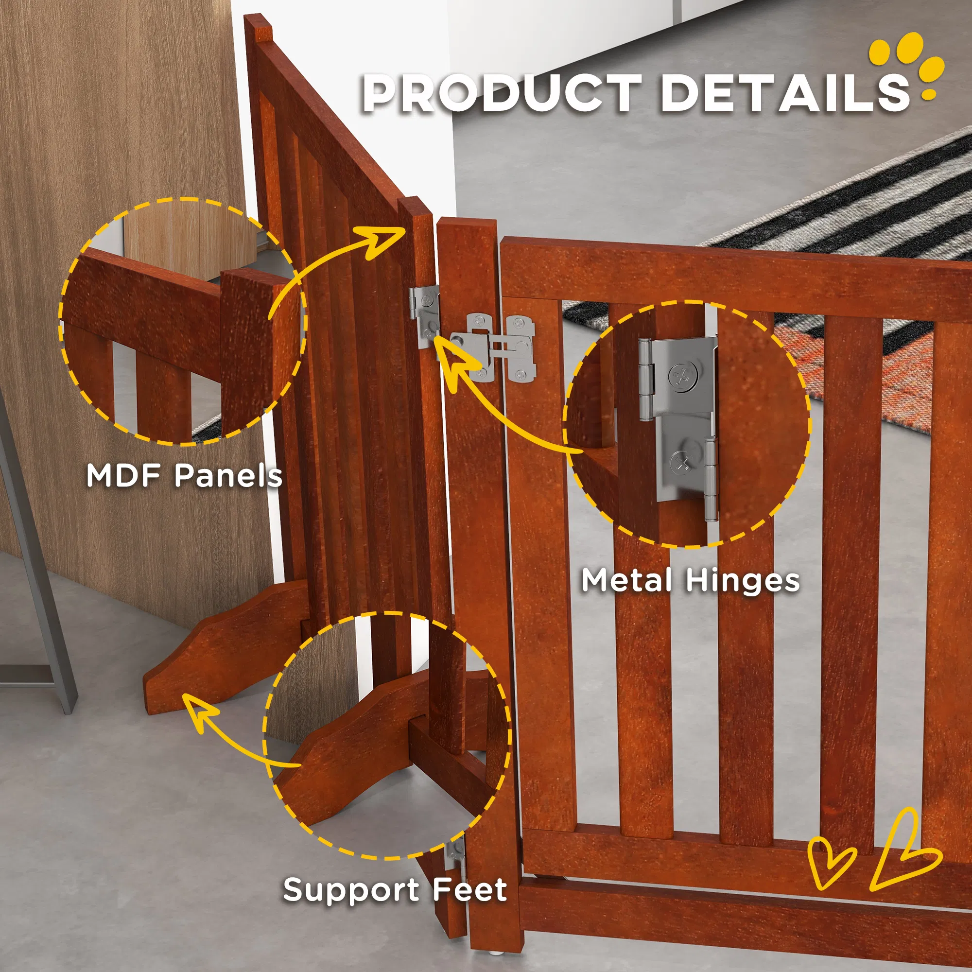 Foldable Dog Gate with Door, 4 Panels Fressstanding Pet Gate, Brown — image 2