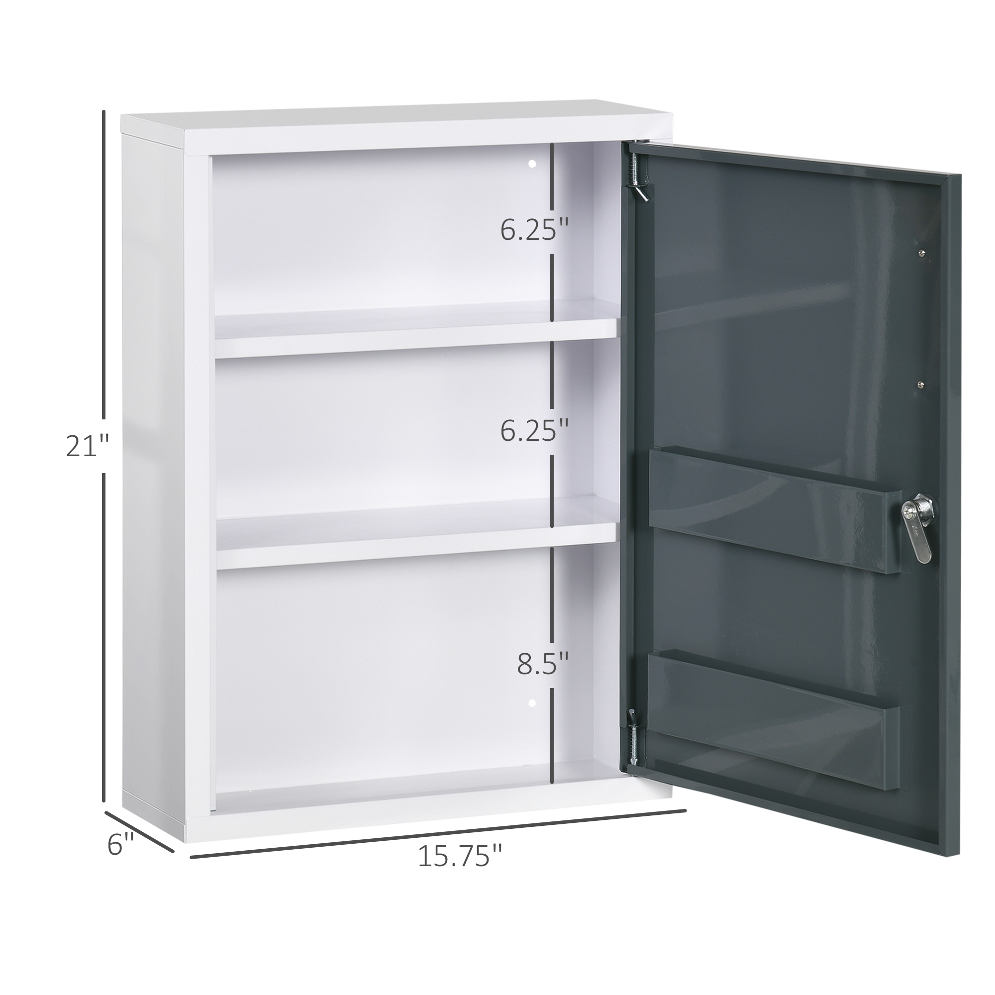 Cajón de Medicamentos para Baño con Estantes Internos y en la Puerta, Armario Seguro con Cerradura para Niños y Mascotas, Primeros Auxilios en Pared, Blanco y Gris — imagen 2