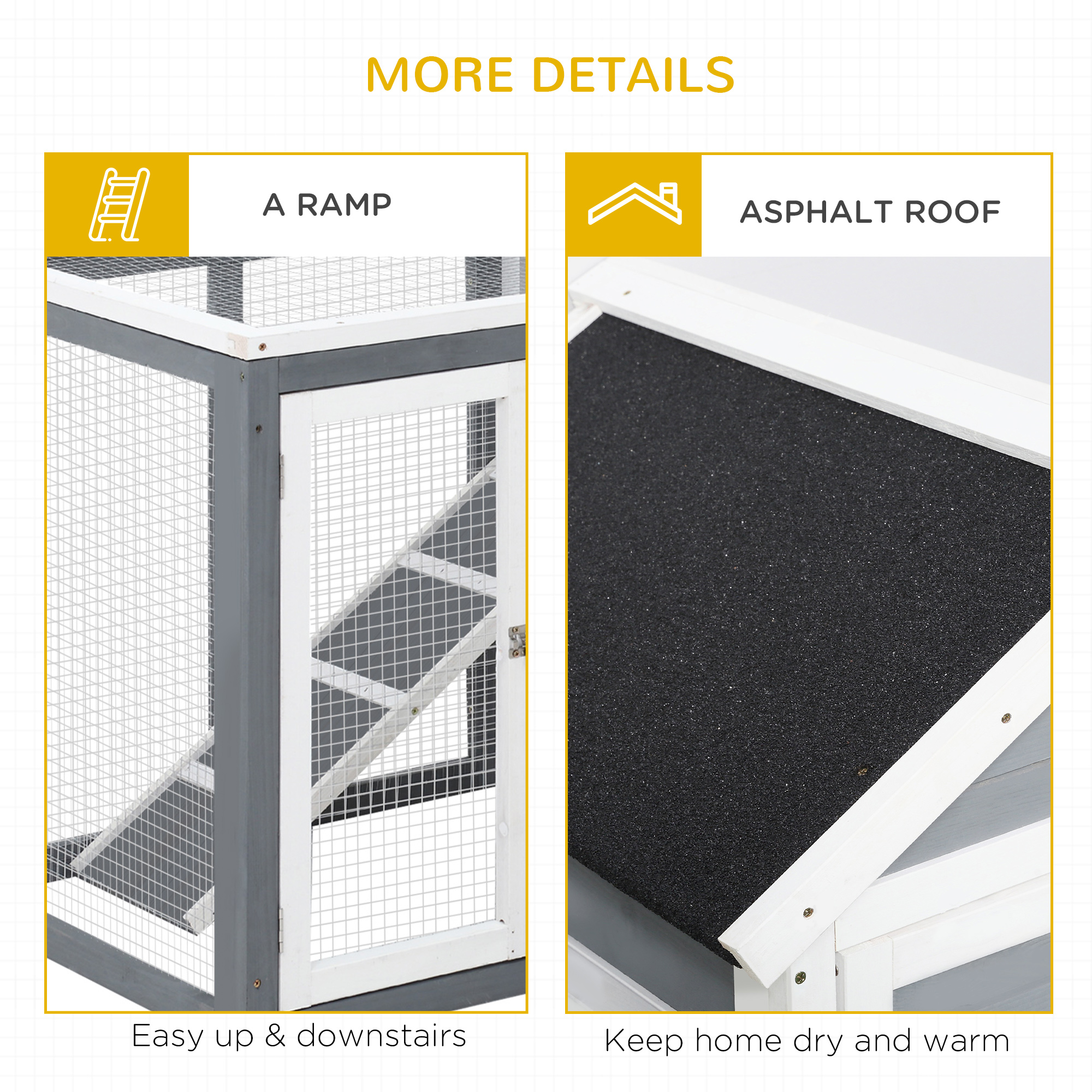 Caja para Conejos Interior, 48" Caja de Madera Resistente al Tiempo con Techo Asfáltico Inclinado y Corral Exterior Divertido para Conejos y Hurones - Gris — imagen 6