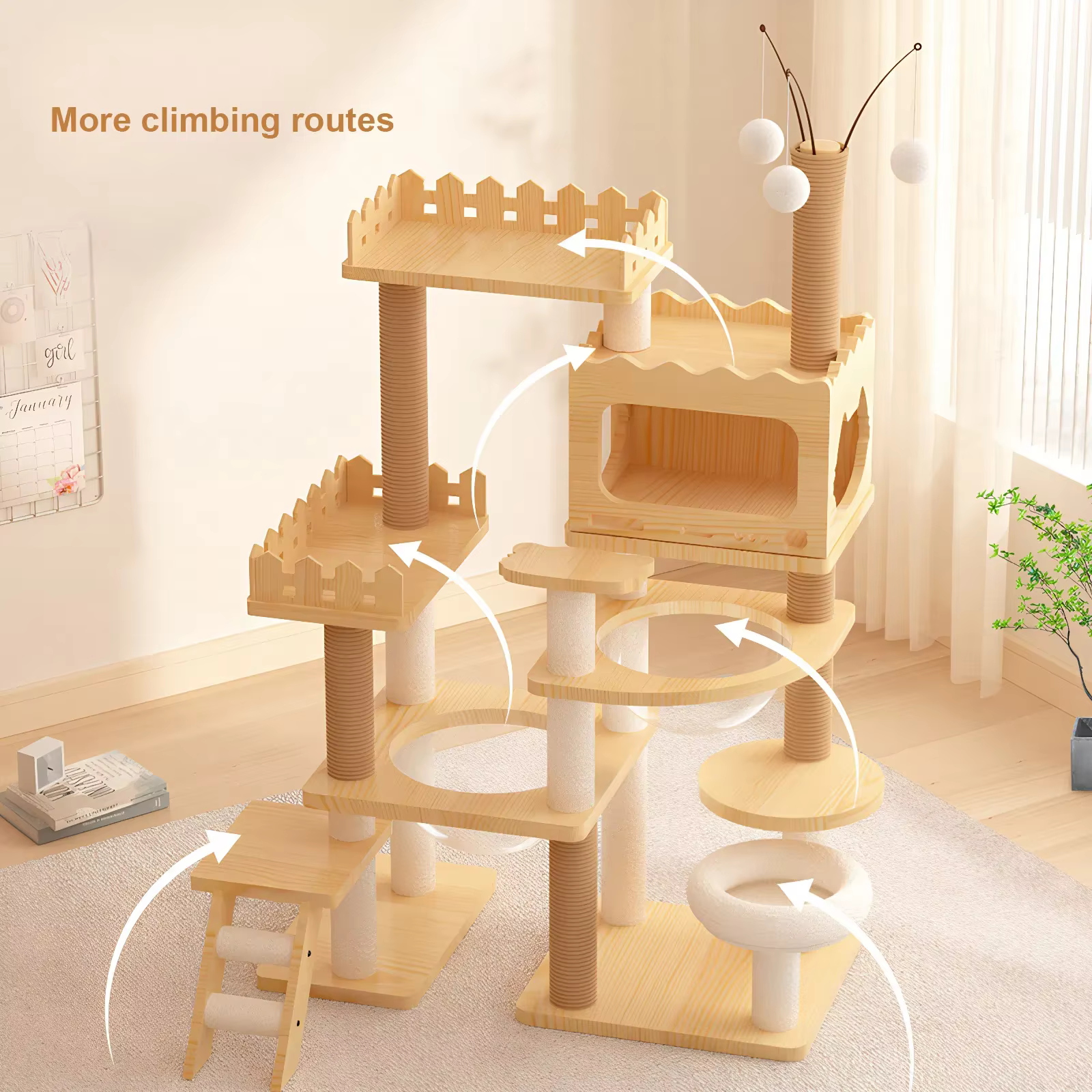 66.9" Modern Cat Tower, Wood Cat Tree Tower for Indoor Cats, Cat Treewith Sisal-Covered Scratching Posts and Top Perch — image 2