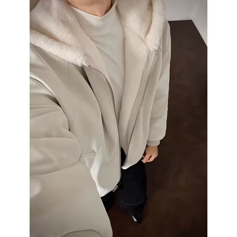 Leather Rabbit Fur Plush Fleece Lined Jacket Unisex Winter Thickened Warm Outerwear — image 3