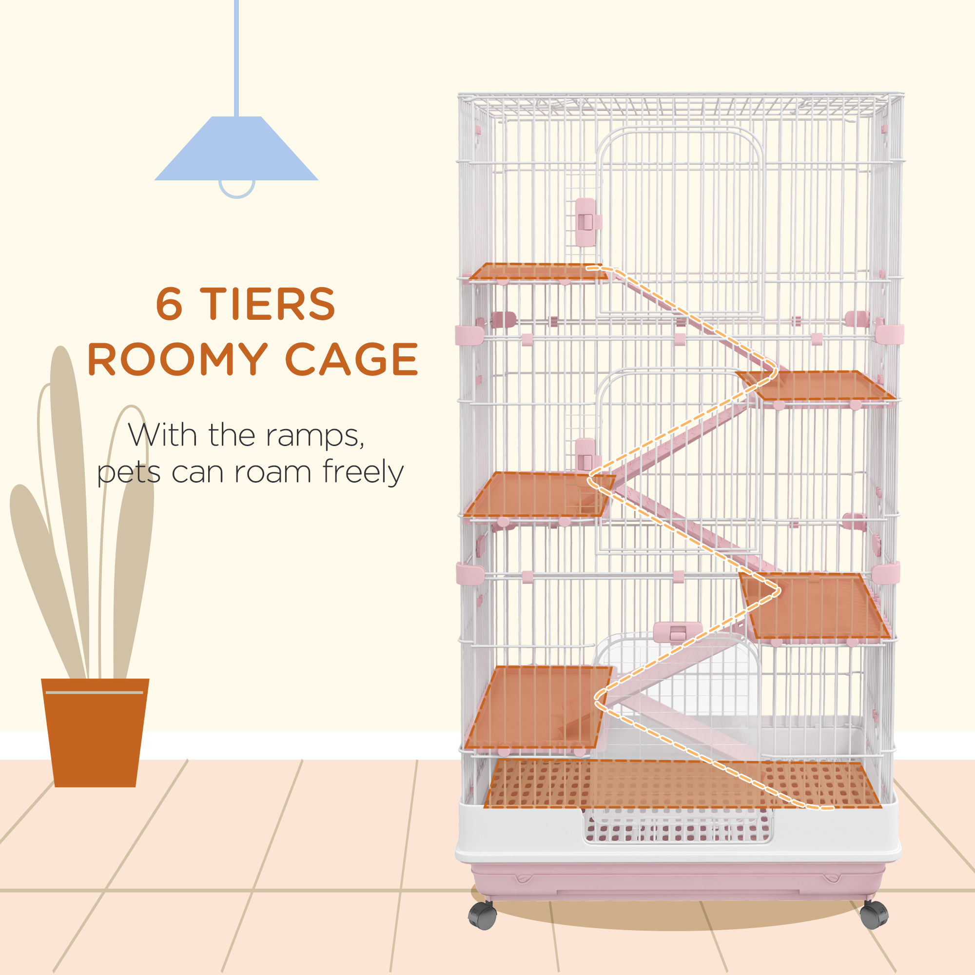 L 6-Level Small Animal Cage Rabbit Hutch with Universal Lockable Wheels, Slide-out Tray for Bunny, Chinchillas, Ferret, Pink — imagen 3
