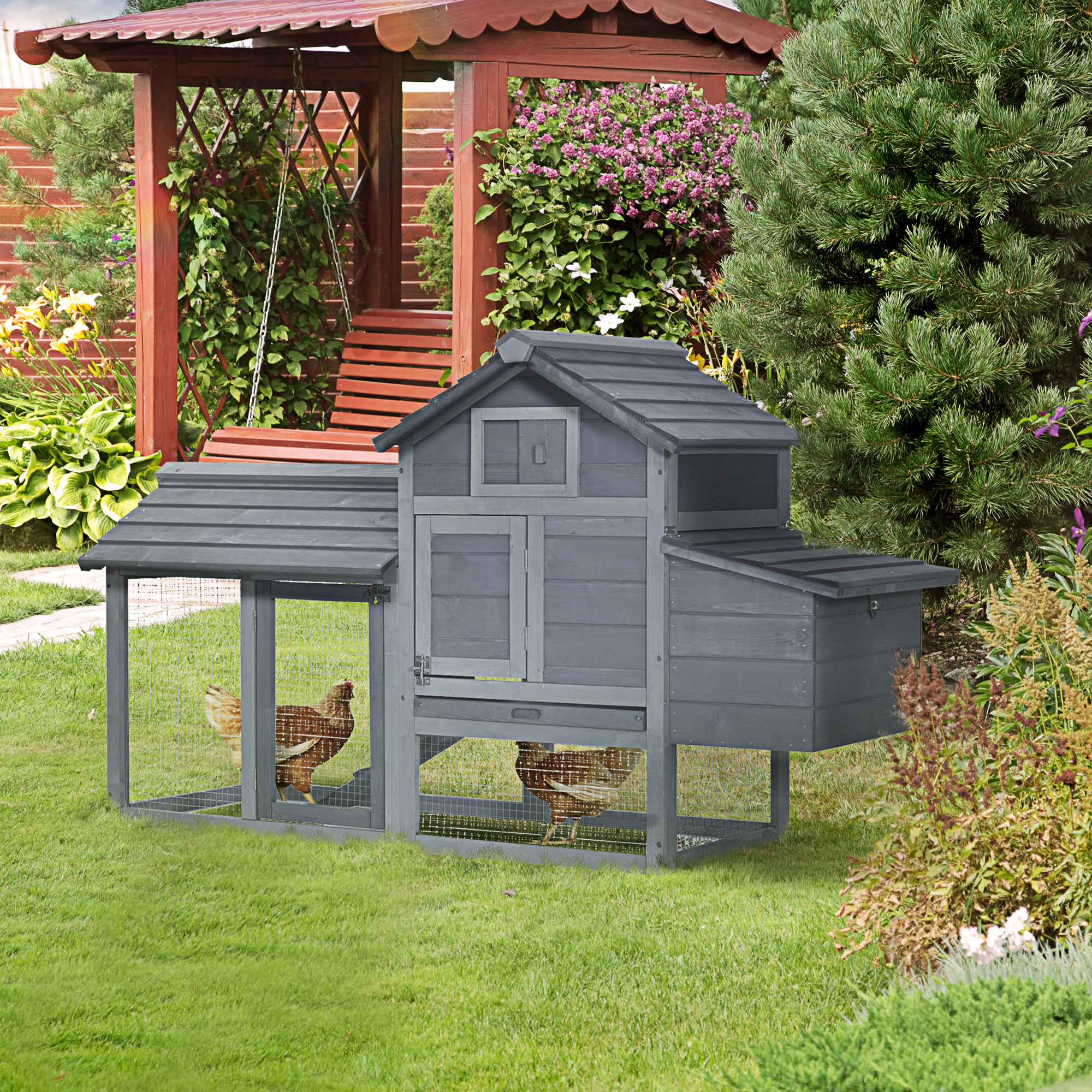 Gallinero de Madera Pequeño de 59" para el Patio Exterior con 2 Puertas, Nido y Bandeja Removible, Gris — imagen 6
