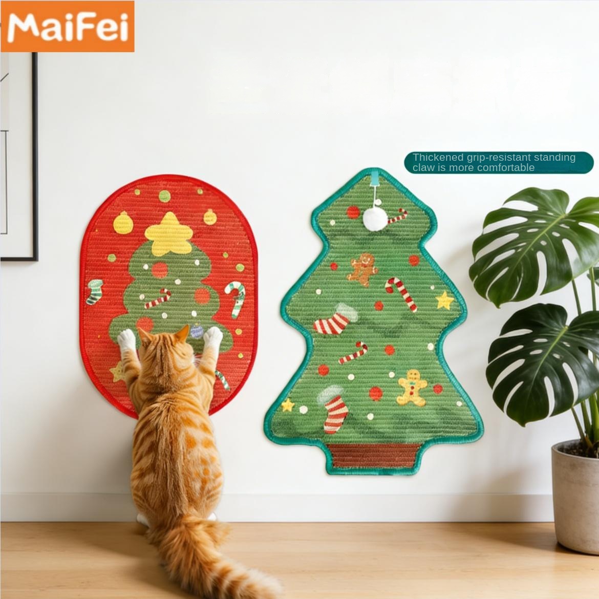 Gato de Navidad y Halloween con Árbol de Pascua Cartoñizo Tablero de Rasguño Duradero Fijo para Pared Sisal Rasgador para Gatos — imagen 2