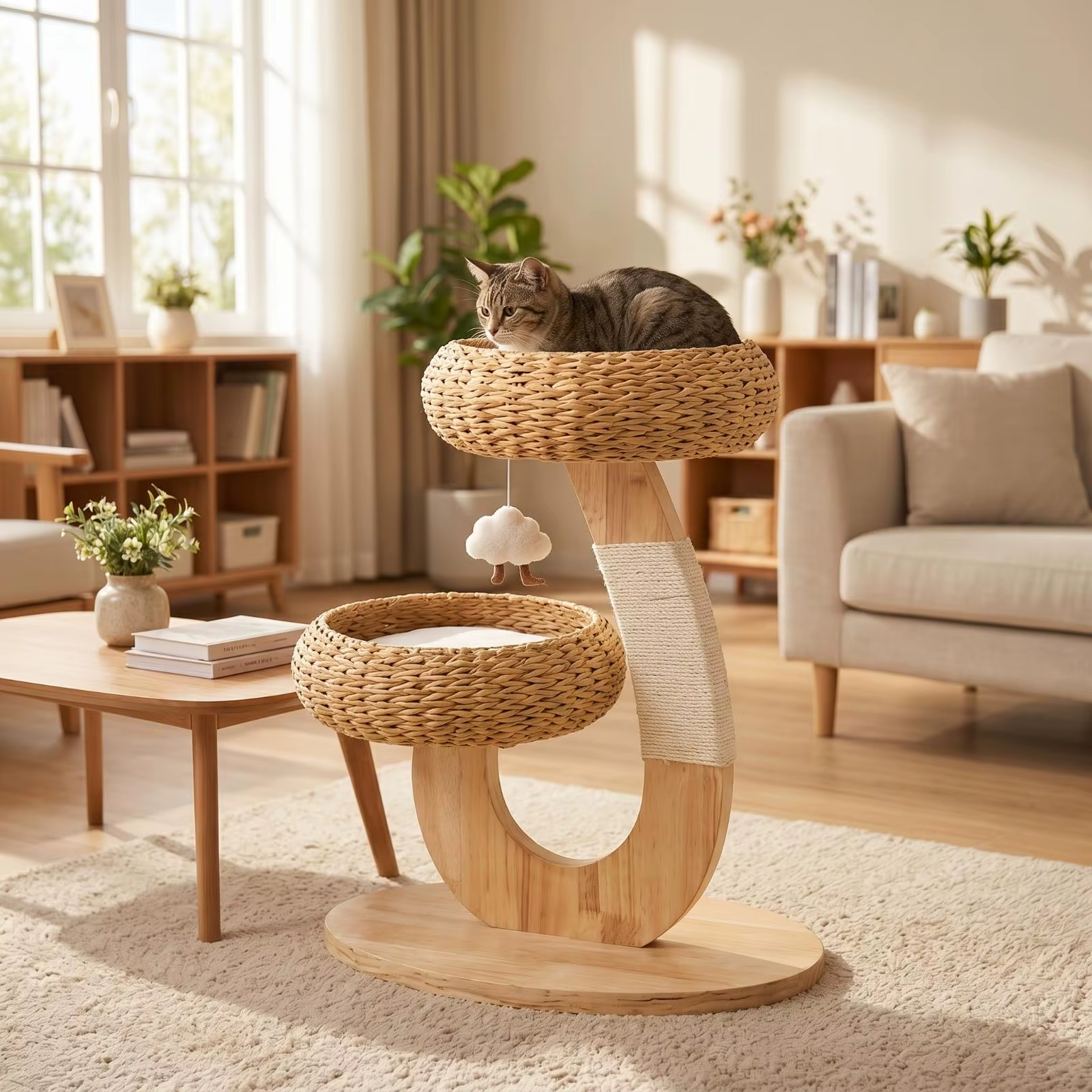 Wooden Cat Tree with Rattan Perch Compact Cat Tree with Perch Sturdy for Kittens — image 5