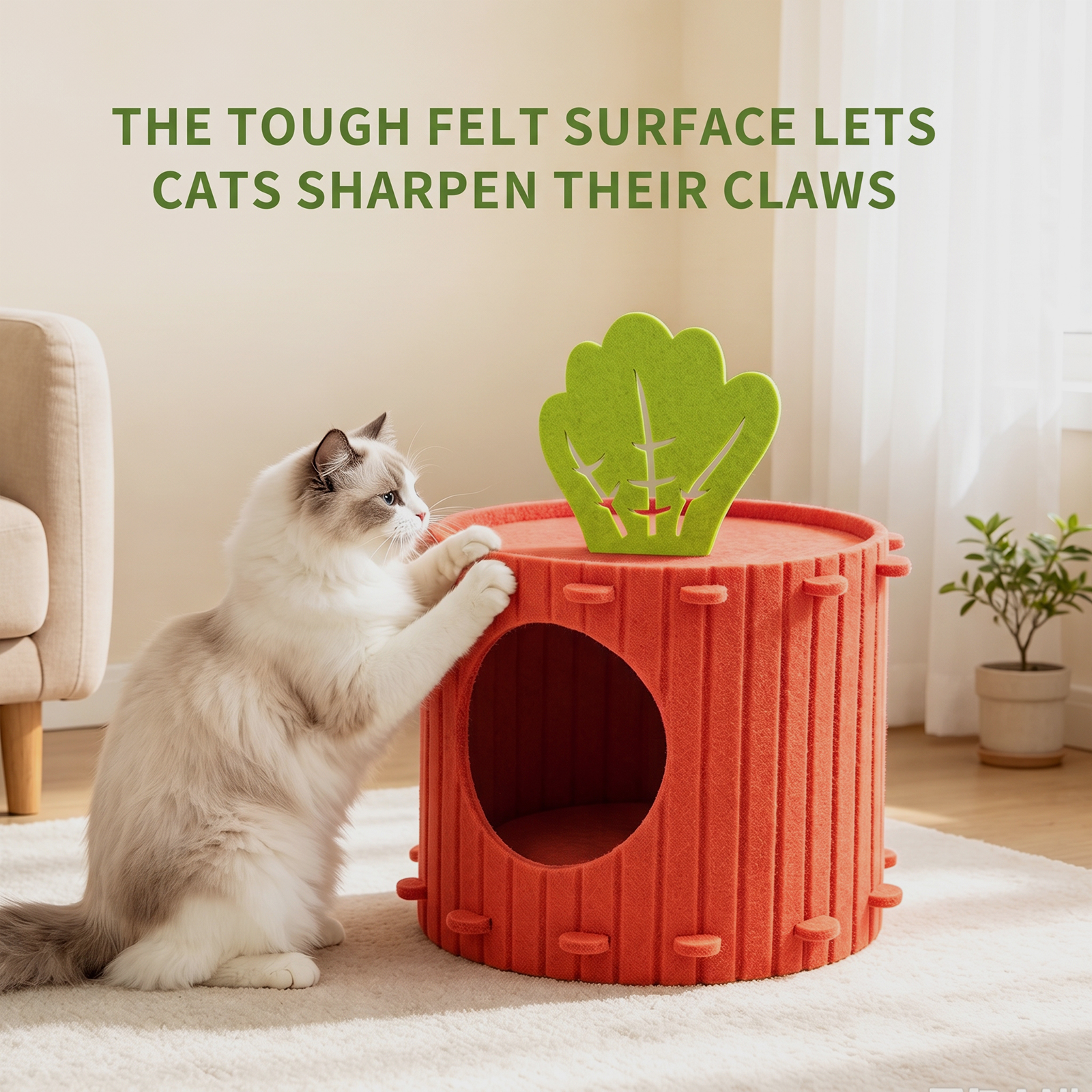 Carrot Shaped Felt Cat Cave Bed, Closed Indoor Cat House, Cozy Hideaway Nest For Small Medium Cats, Scratch Resistant Pet Shelter — image 6
