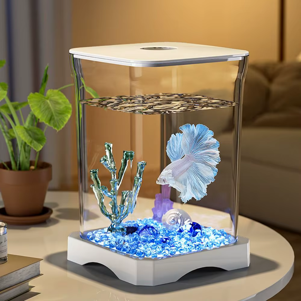 Pecera de Acrílico para Betta, Extraíble, de Alta Transparencia, Mini Pecera para Peces Dorados con Orificio para Alimentar, Pecera Pequeña de Paisajismo — imagen 4