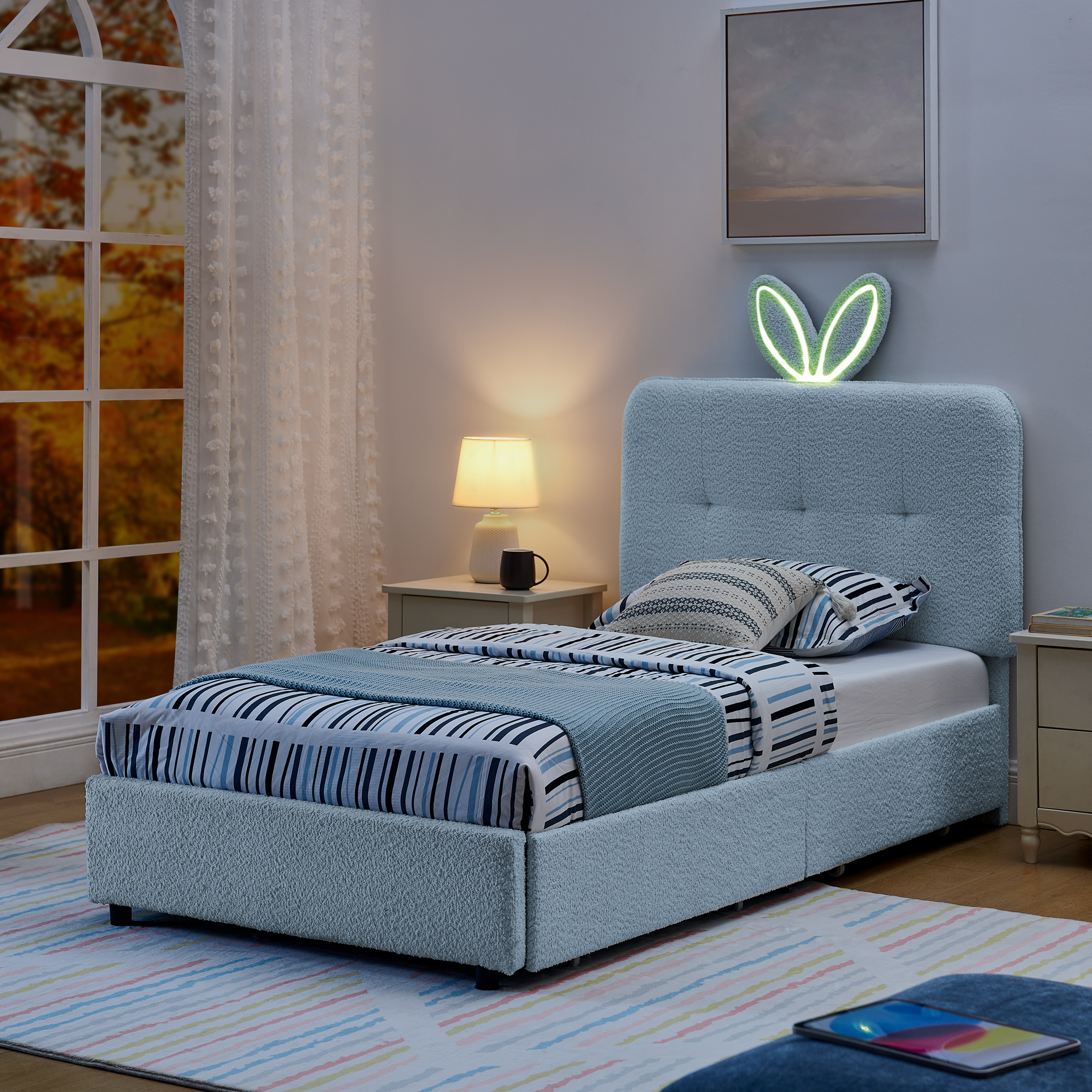 Cama de Tamaño Twin para Niños con Litera de Orejas de Conejo Gigante, Luz LED y 4 Cajas de Almacenamiento, Tela Bouclé 79.5''×40.75''×41'' — imagen 4
