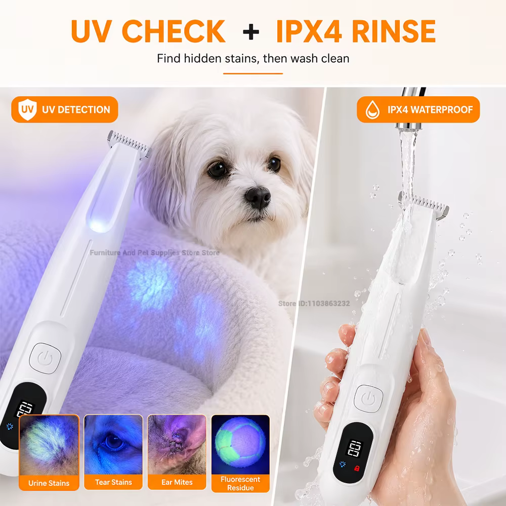 Pet Dog Electric Beauty Trimmer Waterproof Pet Foot Hair LED/UV Light Trimmer Low Noise Cat Dog Face Foot Ear Hip Claw Shaver — imagen 3