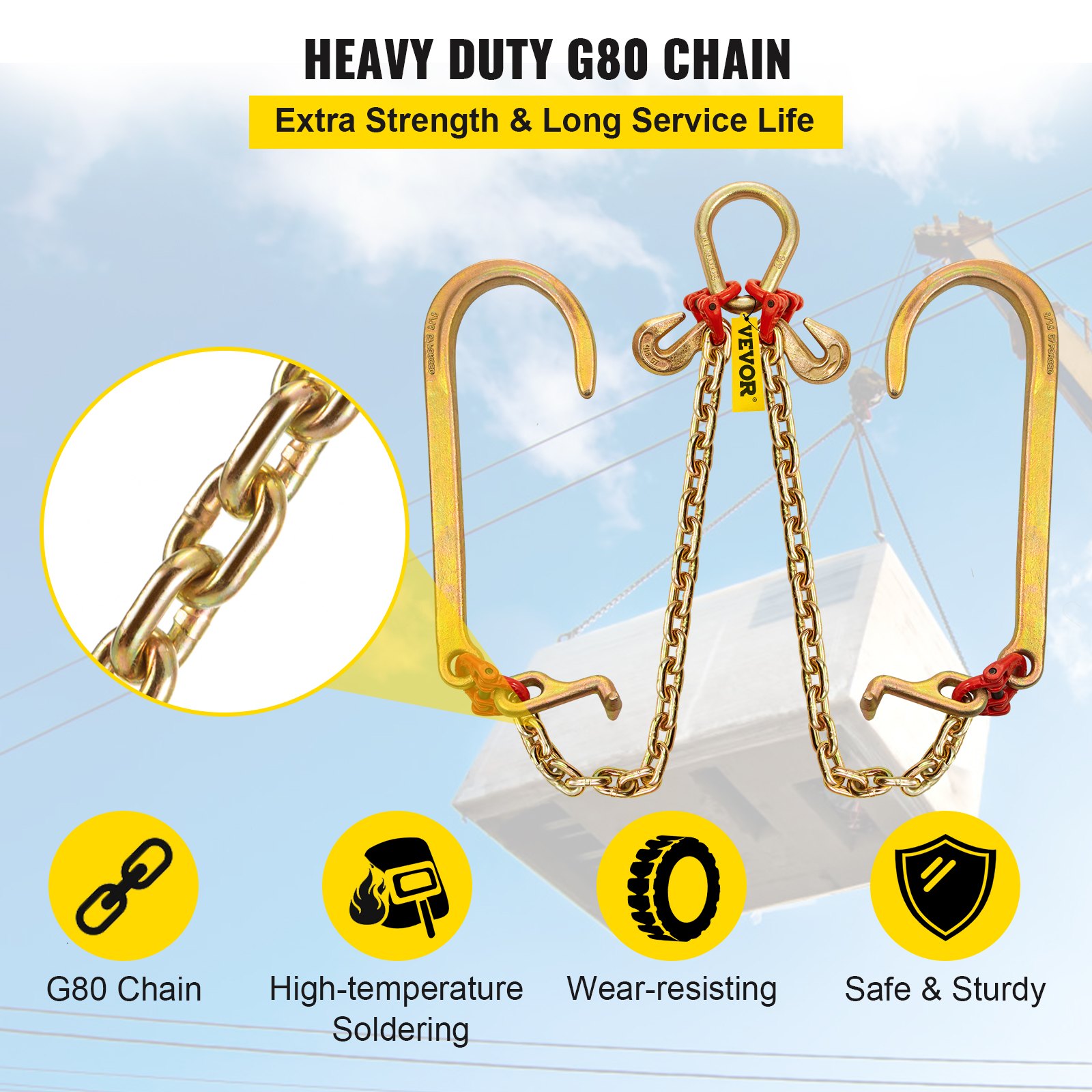 V Bridle Chain, 5/16 In X 2 Ft Bridle Tow Chain, Grade 80 V-Bridle Transport Chain, 9260 Lbs Break Strength With TJ Hooks And Crab Hooks, Heavy Duty Pear Link Connector And Chain Shorteners — imagen 2
