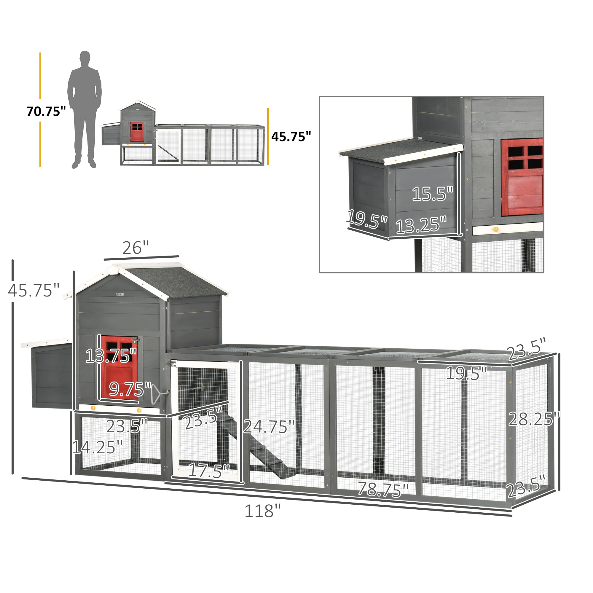 118" Coop de Pollos Extra Grande con Techo de Asfalto, Corral para Gallinas con Deslizador y Caja de Puesta, Refugio para 3-6 Pollos, Gris — imagen 4