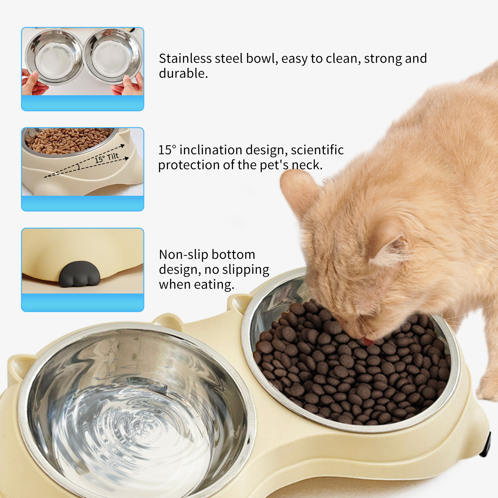 Conjunto de Tazas para Mascotas doble en acero inoxidable, colores macarón, base antideslizante y fácil de limpiar para gatos y perros, uso interior y exterior — imagen 4