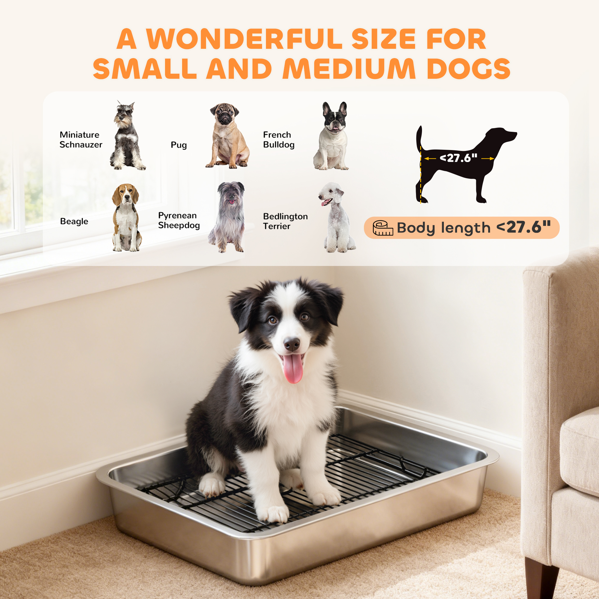 Dog Potty Tray Stainless Steel for Small and Medium Dogs, Dog Training Tray for Porch, Bathroom, Balcony, 28" x 20" x 4" — image 8