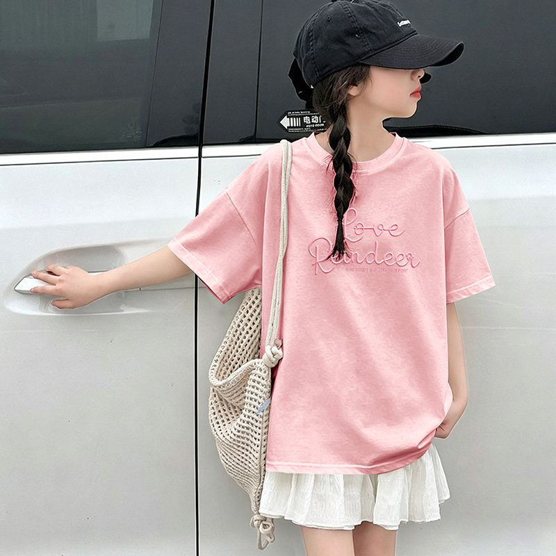 Girls' Short Sleeve T-Shirt Children's Medium to Large Size Elementary School Kids Cute Cat Print Top T-Shirt — image 1