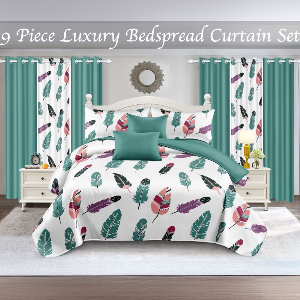 9 Piece Room In A Bag Quilt And Curtain Set, US Designer Boho Feather Print Heavyweight Bedspread With 6 Customizable Window Panels, Pet-Friendly High GSM Coverlet Teal, White — image 5