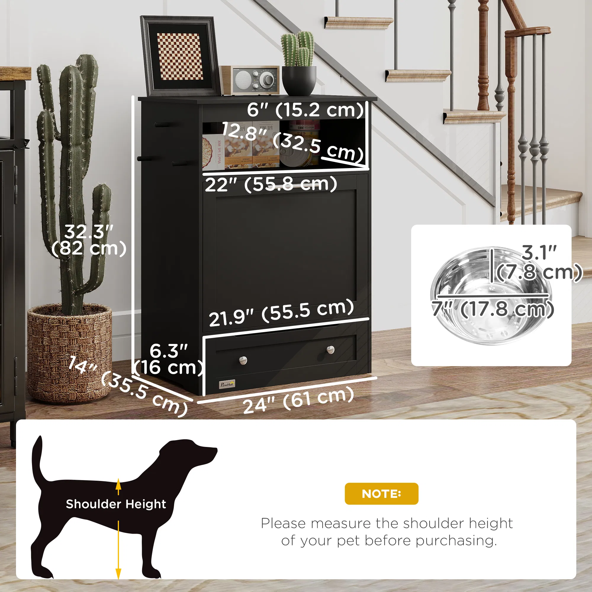 Pet Feeder Station Storage Cabinet, Dog Food Storage Container with Dog Raised Bowls, Watering Supplies, Black — image 6