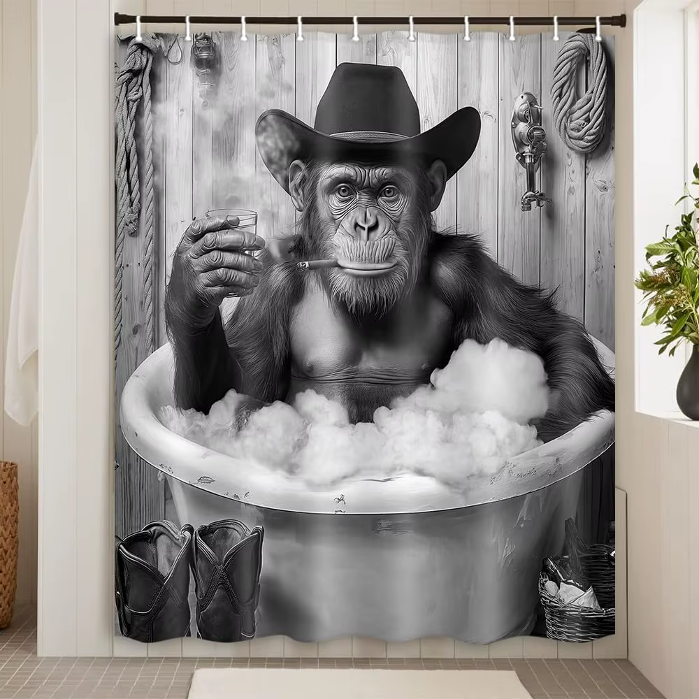 Funny Monkey Shower Curtain Black White Fun Western Cowboy Gorilla Bathtub Farmhouse Rustic Cool Animal Funky Chimpanzee — image 3