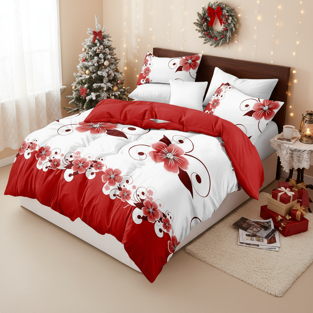 Set de Funda Nórdica de 5 Piezas, Ropa de Cama Floral Roja y Blanca, Funda para Edredón Botánica, Ropa de Cama Reversible de Alto GSM, Fundas de Almohada a Juego, Fundas de Cojín, Cierre de Cremallera Oculto, 4 Amarres en las Esquinas, Resistente a Mascot — imagen 5